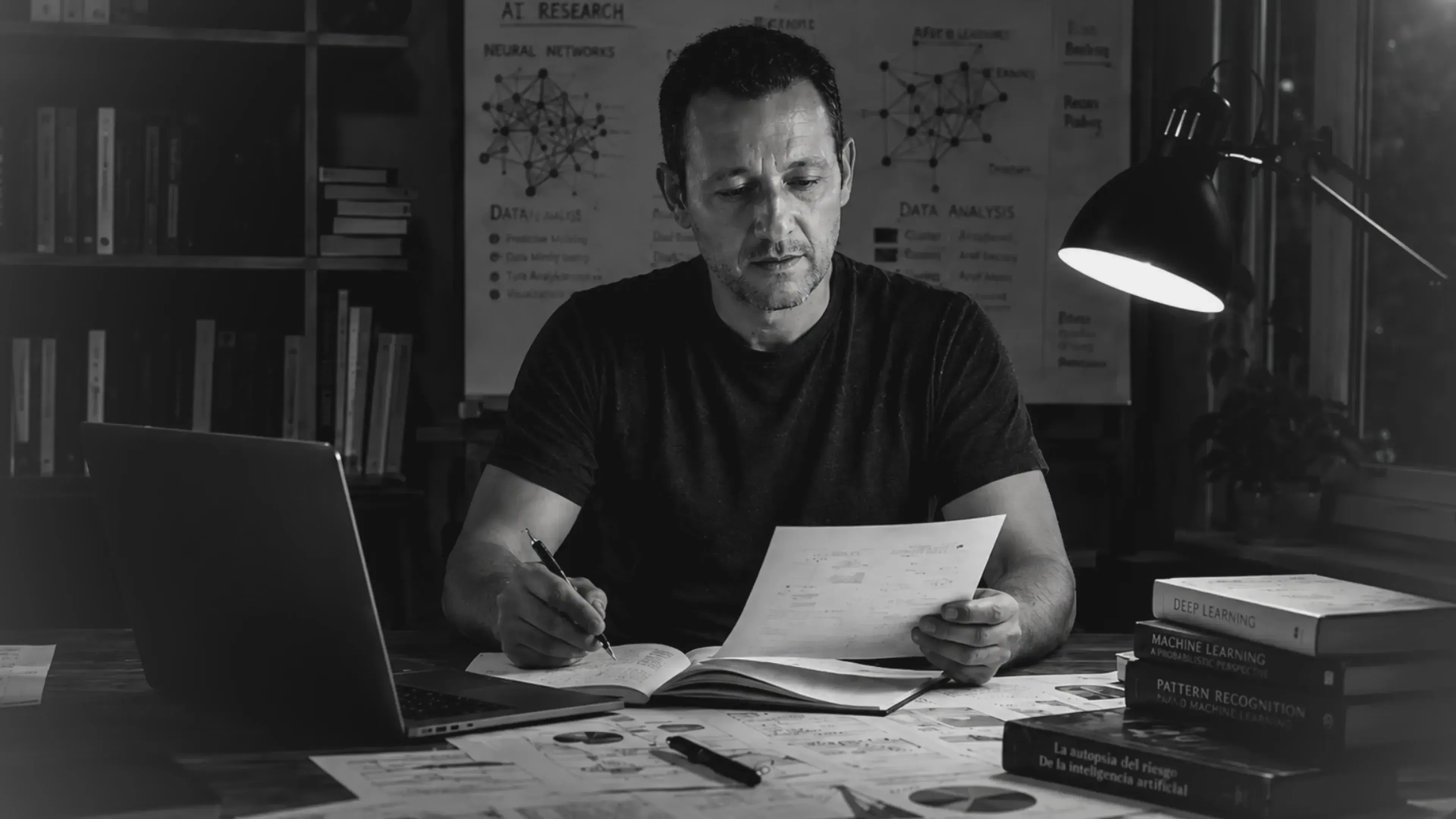 Juanlu, de ApisDom, revisa documentos en su escritorio para La AutopsIA del Riesgo, serie sobre ciberseguridad e inteligencia artificial.