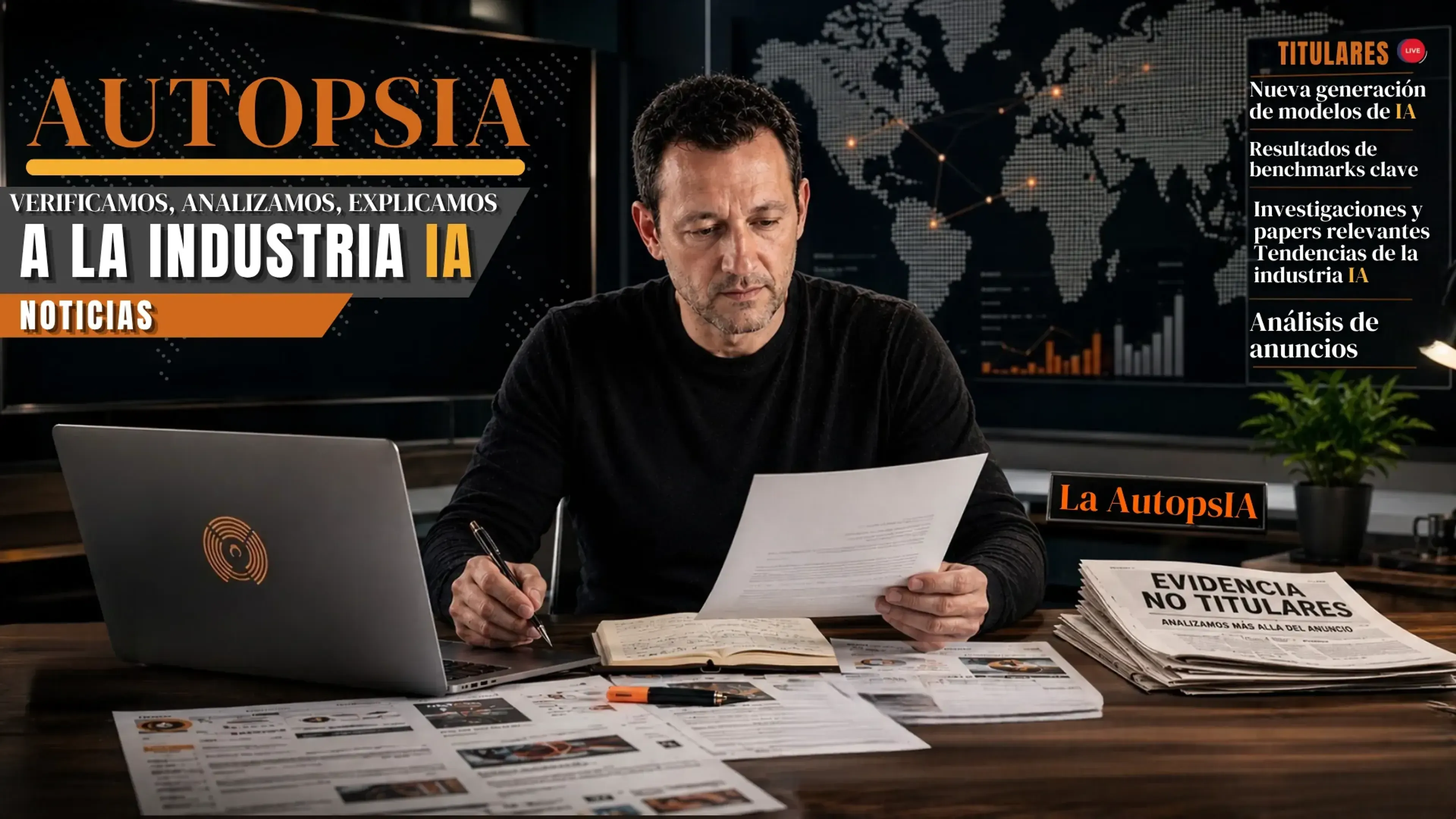 Juanlu de La AutopsIA analiza documentos y noticias sobre inteligencia artificial en un estudio, rodeado de informes, gráficos y titulares sobre la industria de la IA.