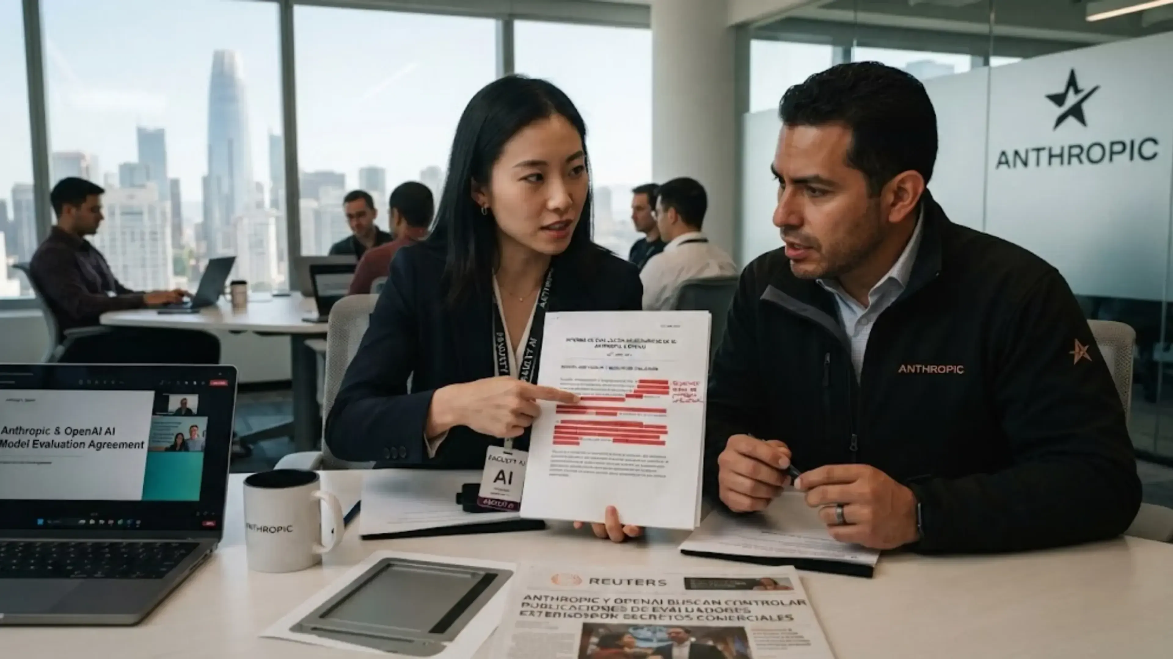 Oficina con vistas a San Francisco, dos ejecutivos de Anthropic discuten un acuerdo de evaluación de IA. La mujer señala secciones censuradas en un documento, mientras sobre la mesa hay un periódico Reuters que detalla el control de publicaciones.