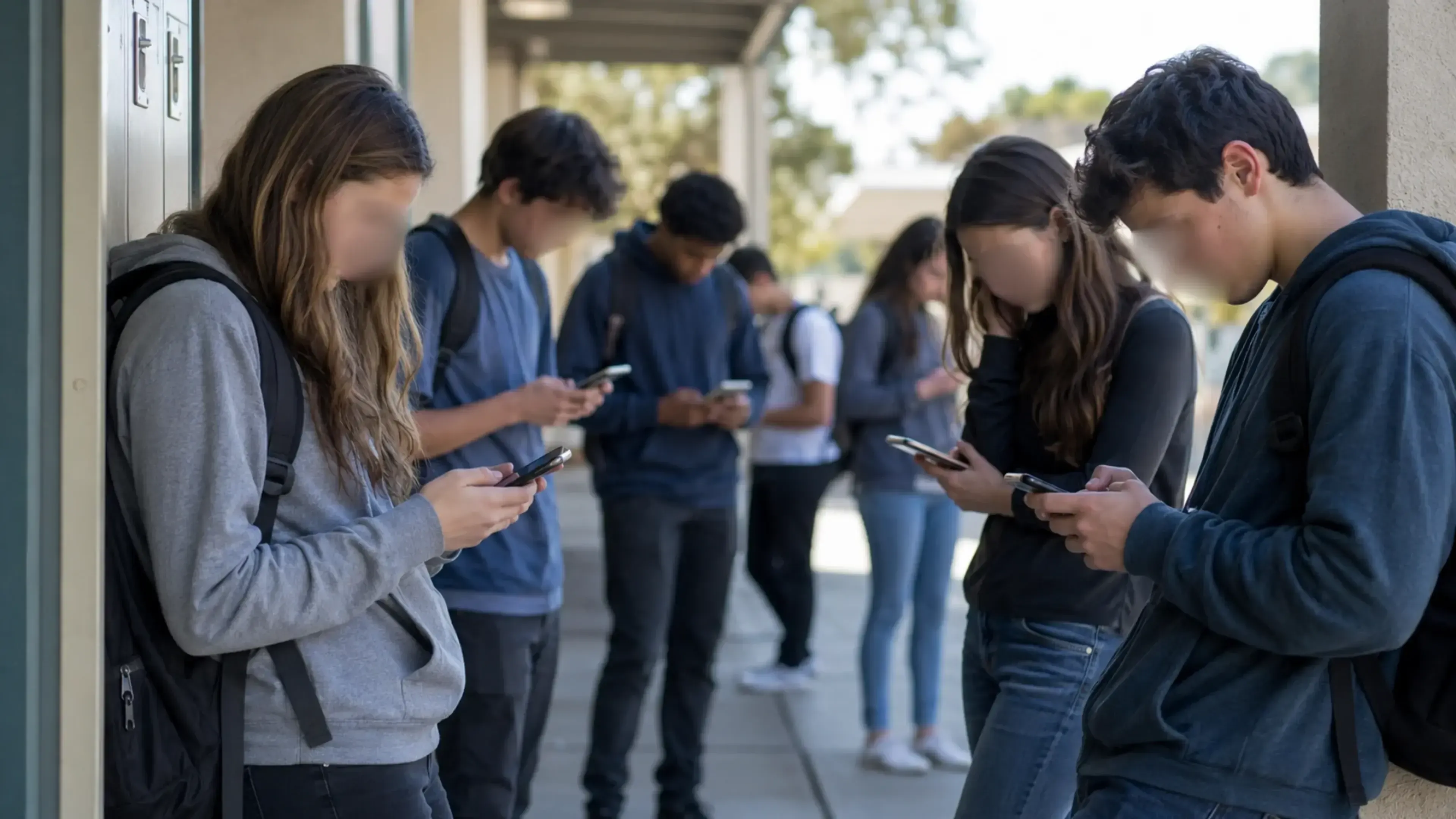 Varios estudiantes de instituto, chicos y chicas, miran sus móviles con gesto triste en un pasillo exterior del centro, separados entre sí y con mochilas.
