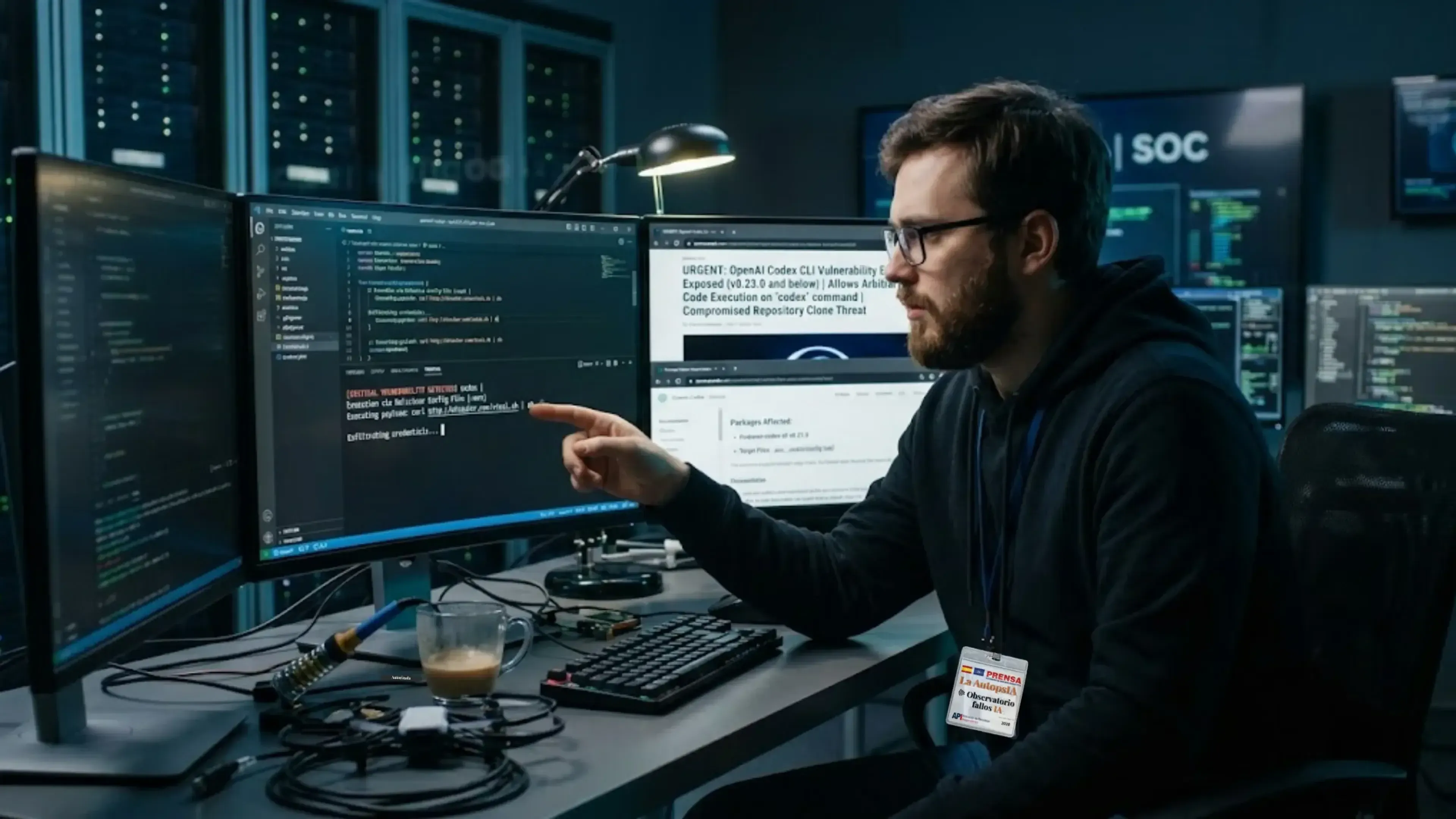 Un hombre en una oficina de TI señala una pantalla central con CRITICAL VULNERABILITY DETECTED. La pantalla de la derecha informa sobre una vulnerabilidad en OpenAI Codex CLI.