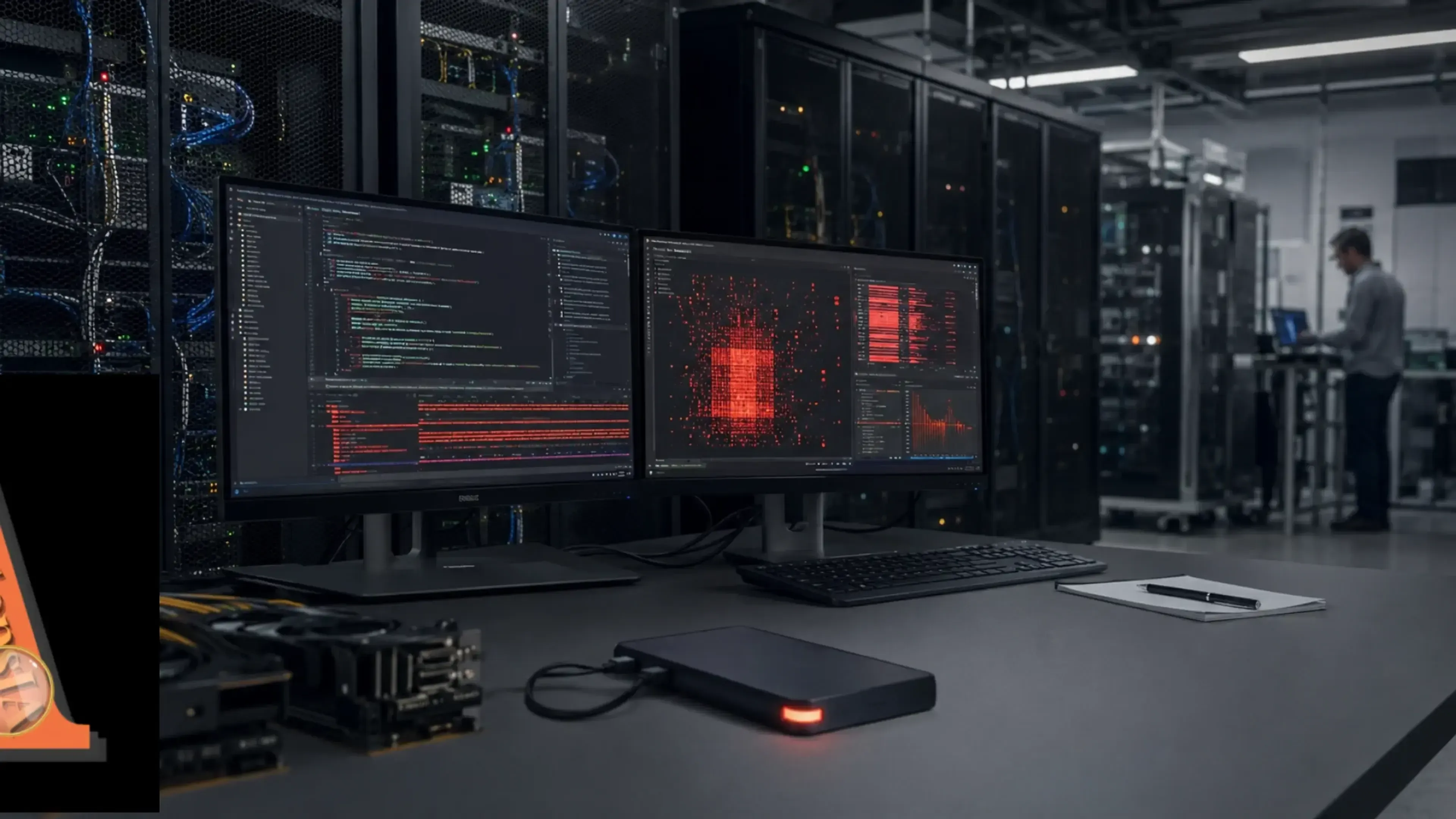 Laboratorio técnico con servidores y dos monitores mostrando código y alertas rojas, junto a un disco externo conectado, para ilustrar una vulnerabilidad crítica en HuggingFace Transformers al cargar checkpoints maliciosos.