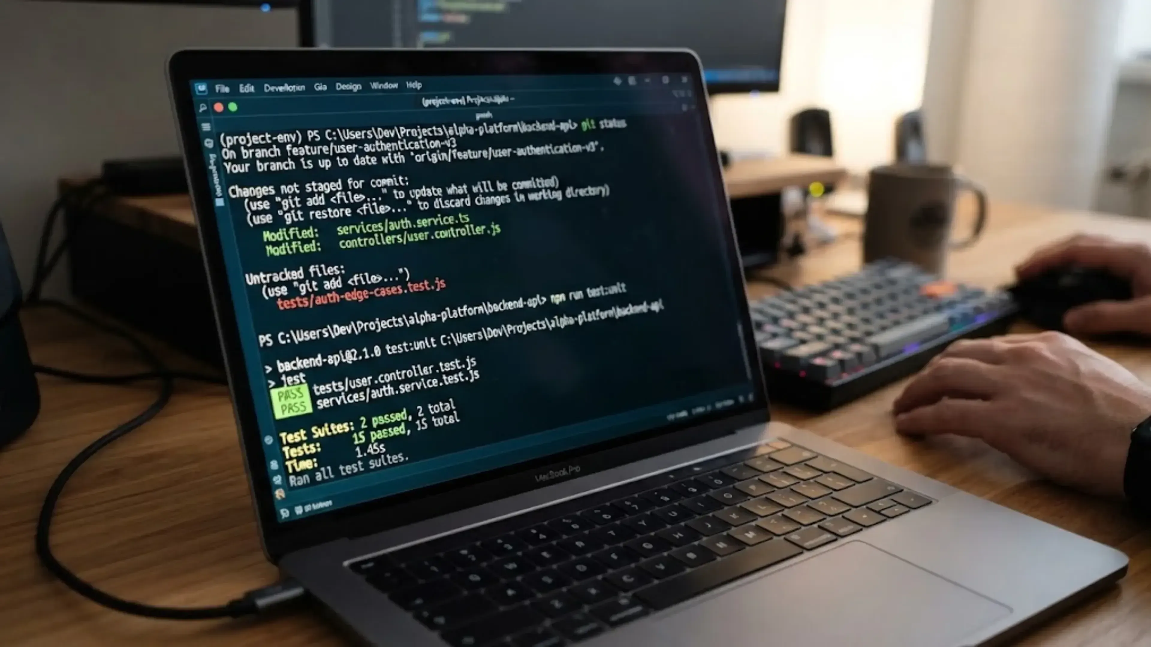 Pantalla de un portátil sobre un escritorio en la que se visualiza una consola de comandos y líneas de código de programación en un entorno de desarrollo.