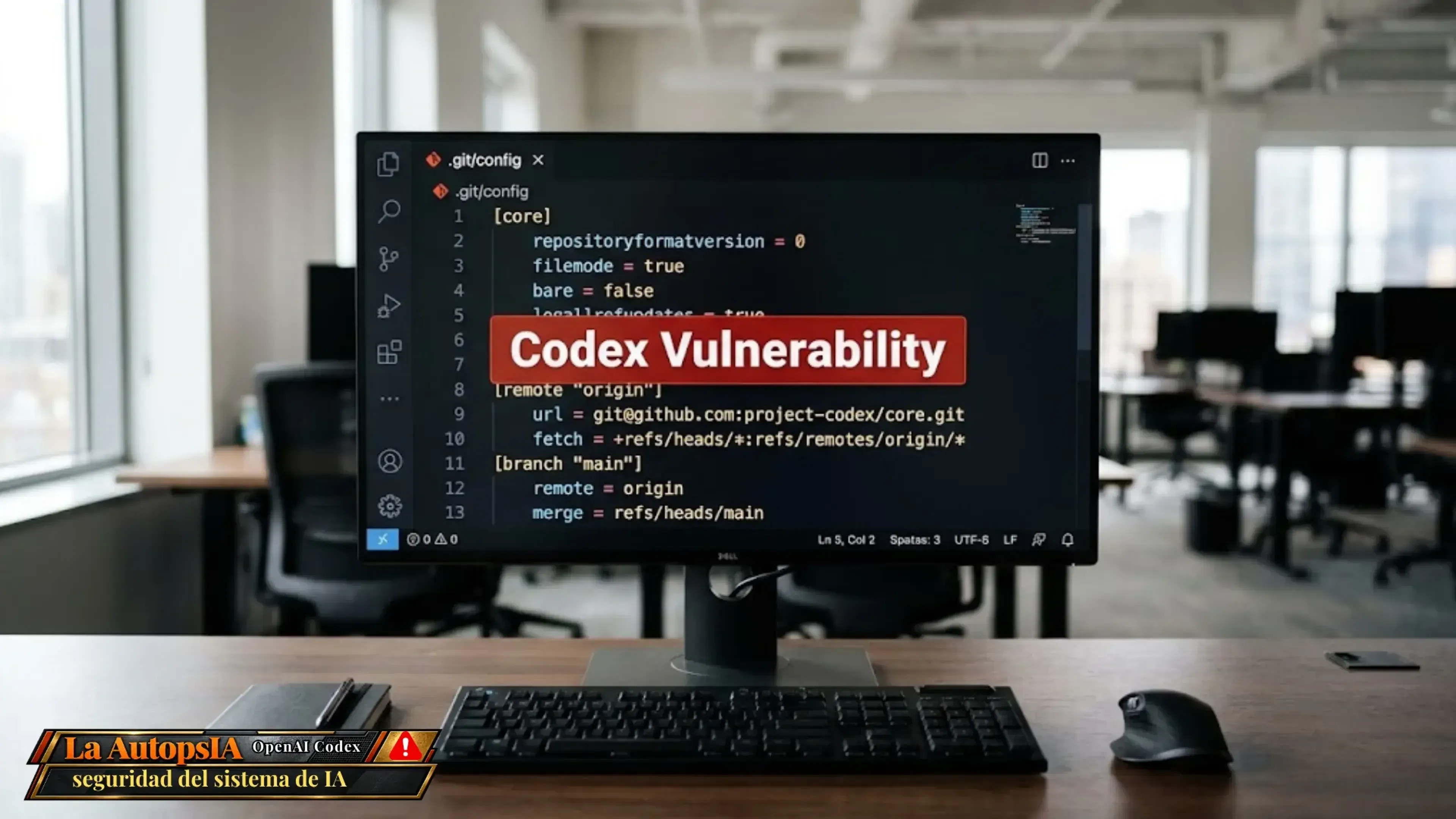 escritorio moderno vacío con un monitor en primer plano. la pantalla muestra un editor de código con una alerta roja que dice Codex Vulnerability y un archivo .git/config, ilustrando la falla de seguridad sin mostrar personas.