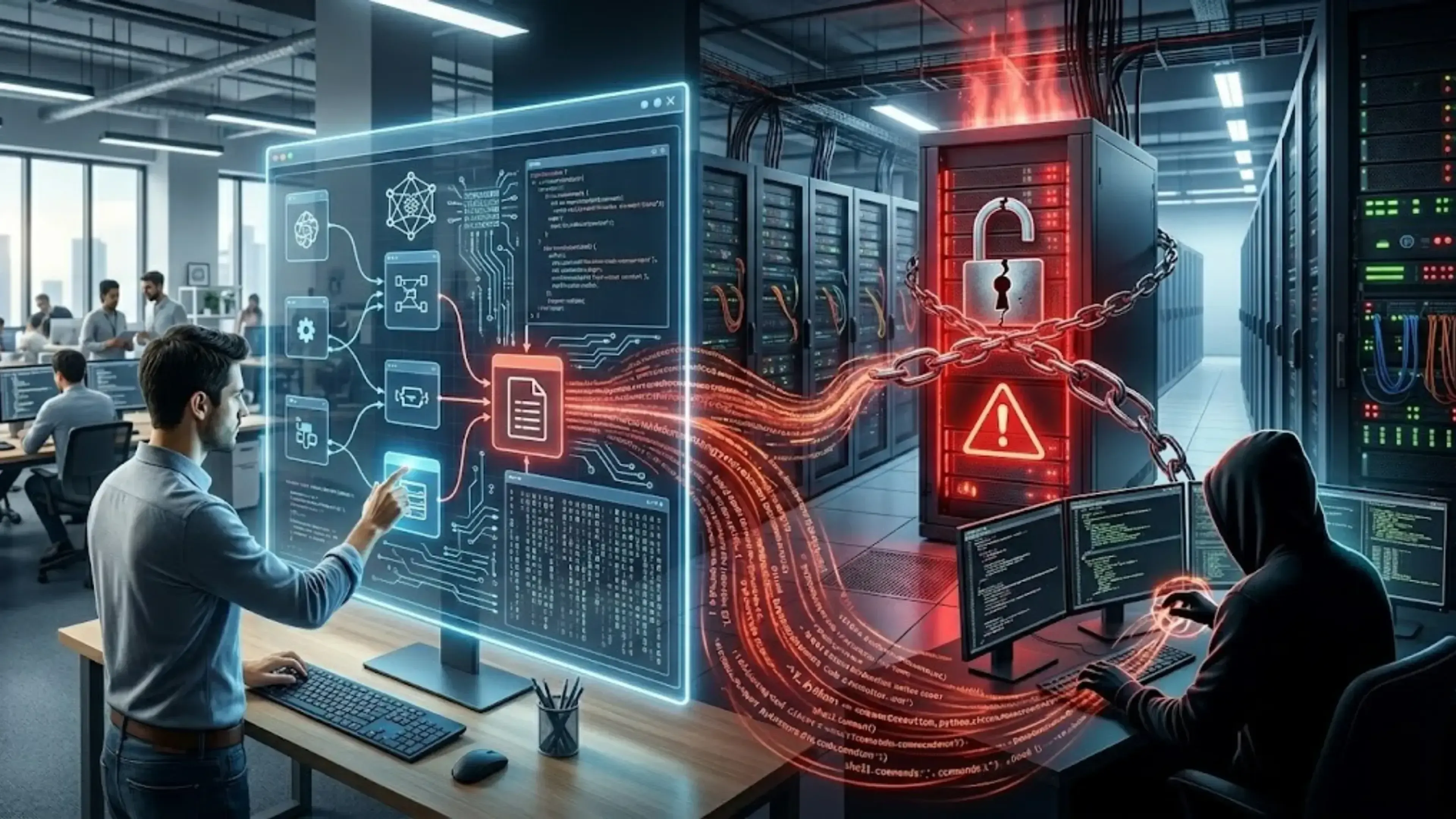 Imagen conceptual de vulnerabilidad RCE en Langflow: código malicioso fluye desde un nodo CSV hacia servidores. Un candado roto y alertas rojas simbolizan el fallo de seguridad, mientras un hacker opera en la sombra en una oficina técnica.