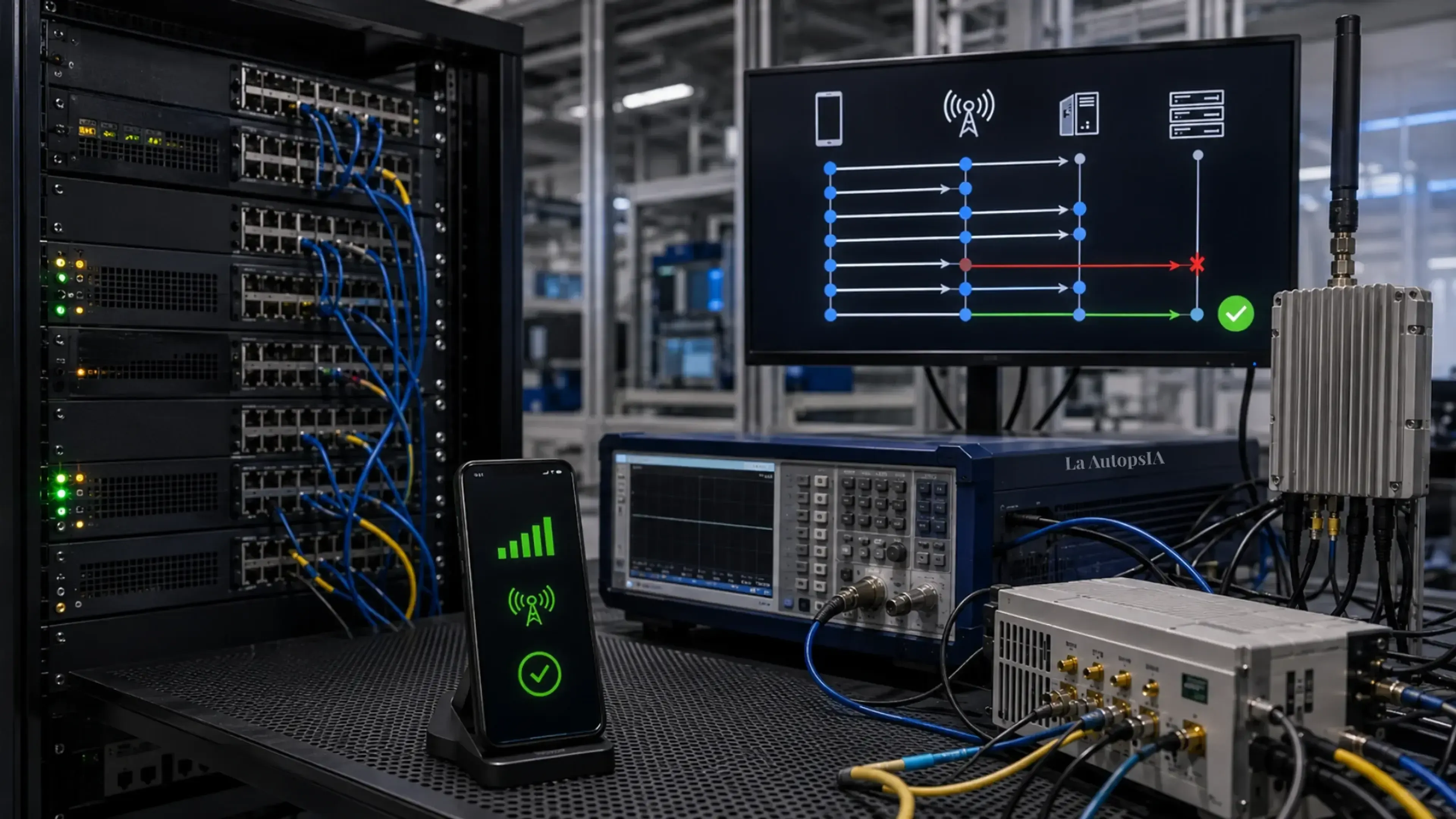 Laboratorio 5G con equipos de red y un dispositivo registrado pese a una secuencia anómala de autenticación. La escena resume un fallo crítico en el AMF de OpenAirInterface.