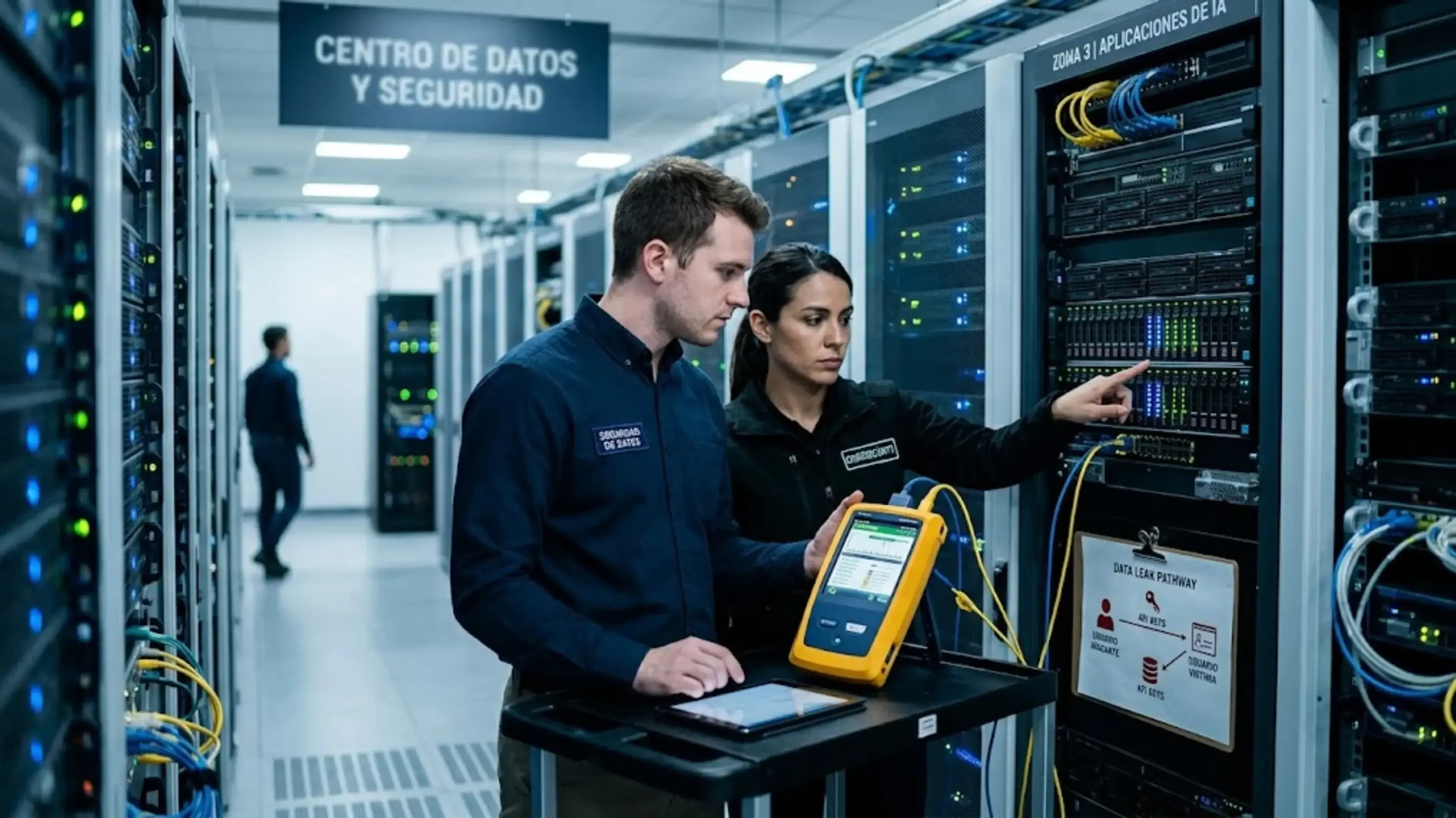 Dos técnicos analizan una alerta de seguridad en una sala de servidores con racks. Muestran un diagrama sobre una vulnerabilidad IDOR y una señal de 'Fallo de seguridad en API de IA'.