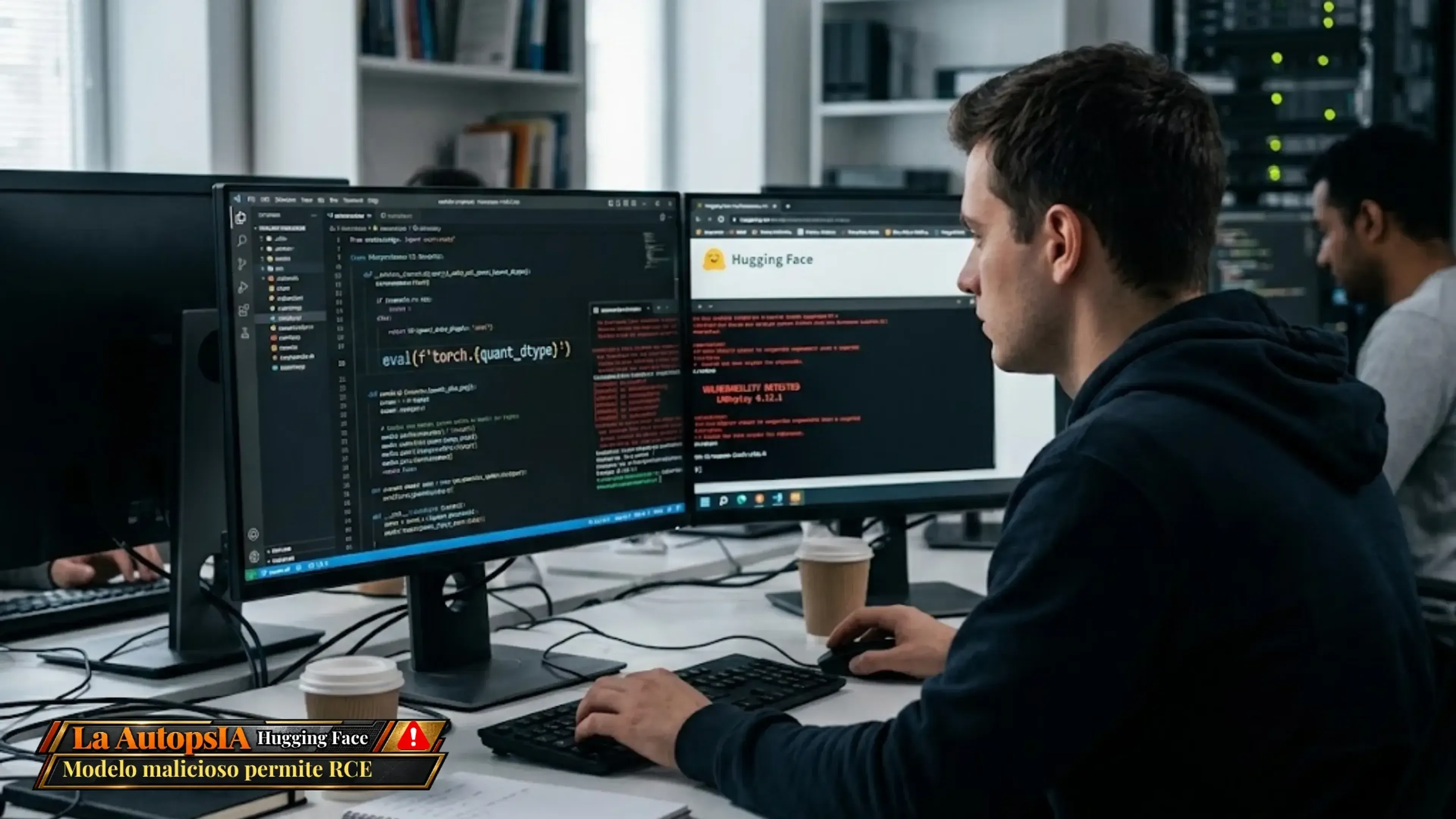 Un desarrollador en una oficina analiza con preocupación pantallas de ordenador que muestran el código vulnerable eval(f'torch.{quant_dtype}') de LMDeploy, alertas de seguridad y la interfaz de Hugging Face, reflejando el fallo de seguridad.