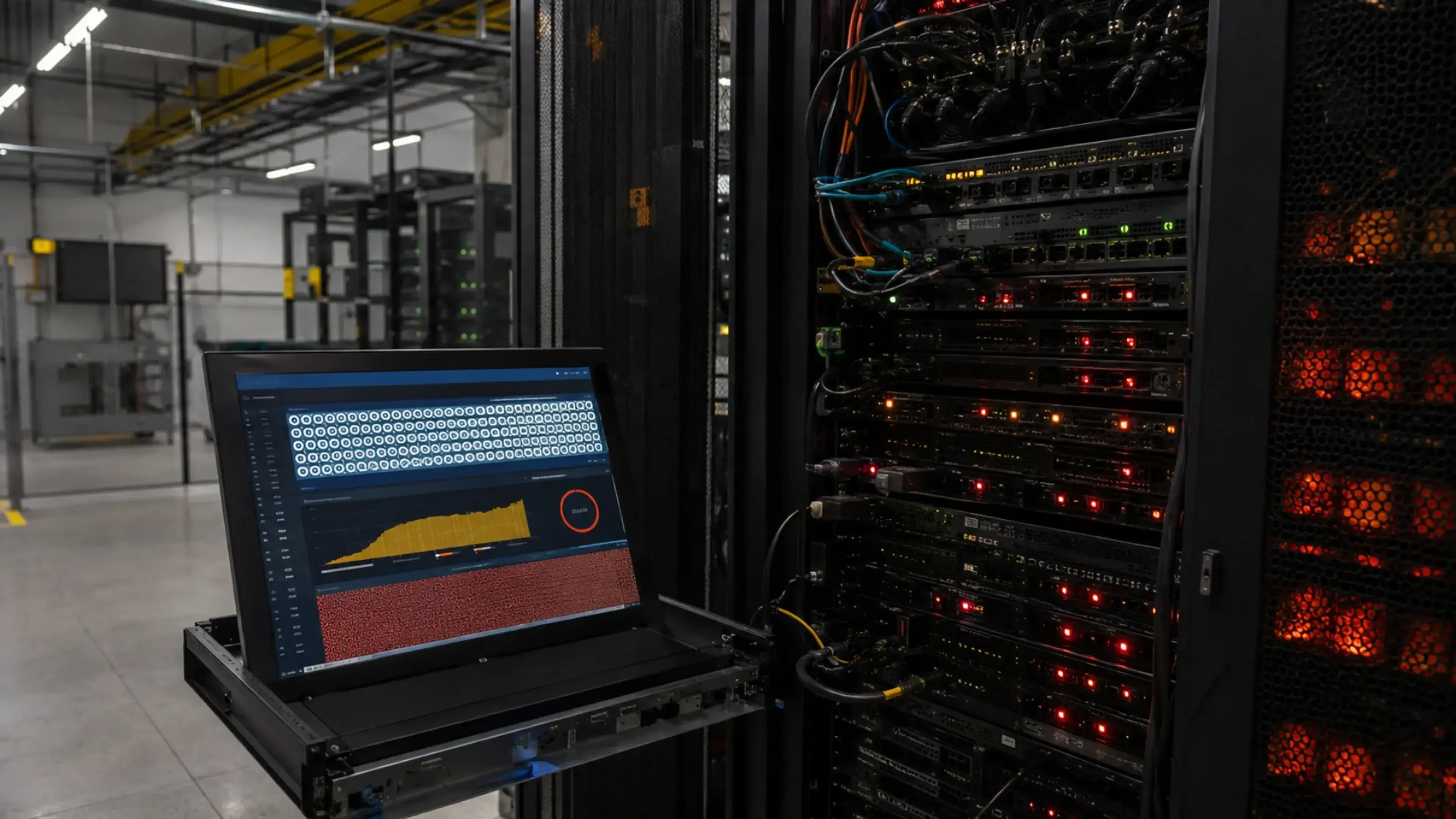 Centro de datos con rack de servidores y consola de monitorización mostrando una carga desbordada, representando un ataque DoS contra un servidor vLLM que deja el servicio de inferencia fuera de servicio.