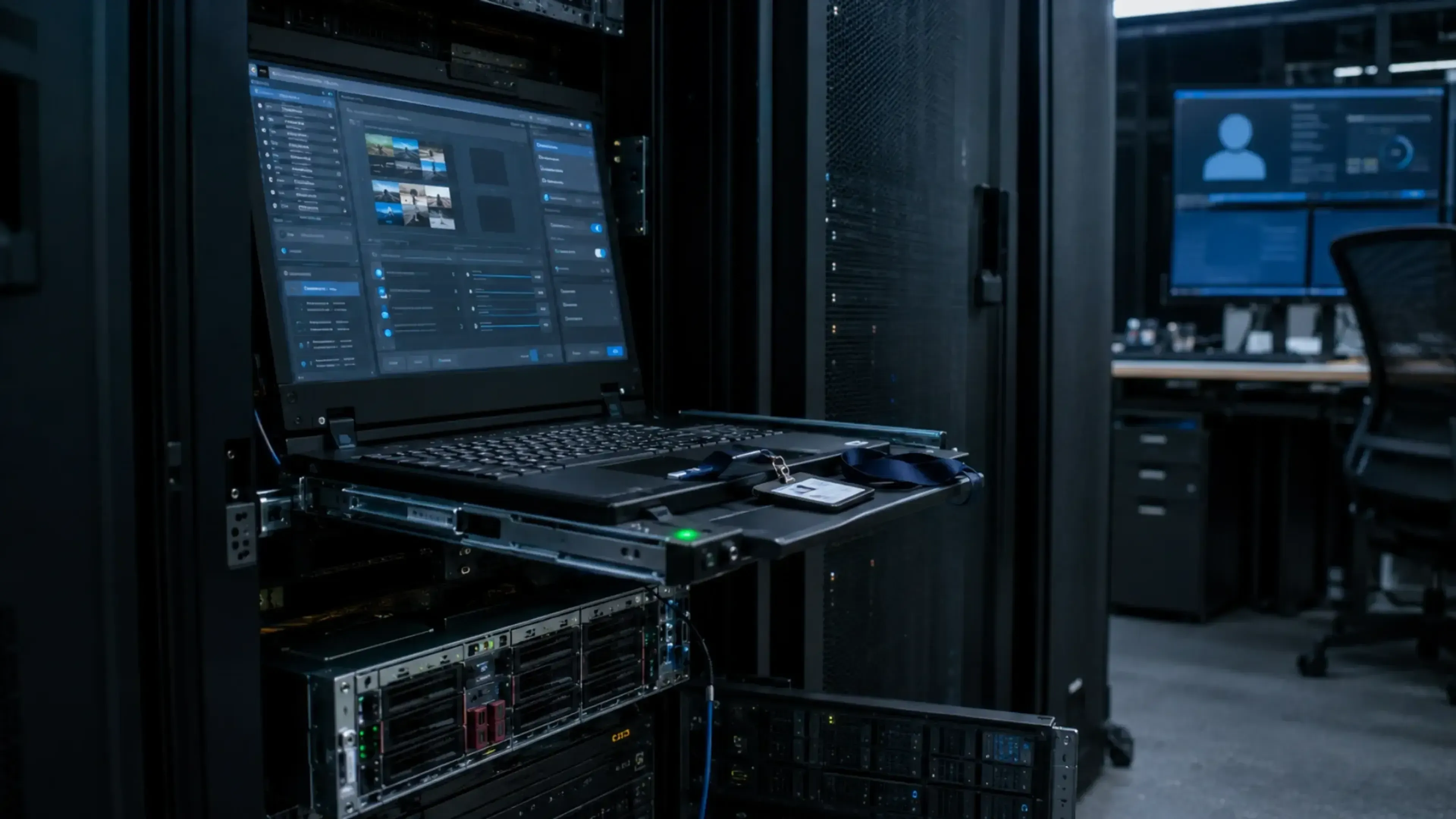 Consola de administración extraída de un rack en un centro de datos, con credencial sobre la bandeja y paneles de control abiertos, simbolizando el abuso de acceso autenticado para tomar control del proxy.