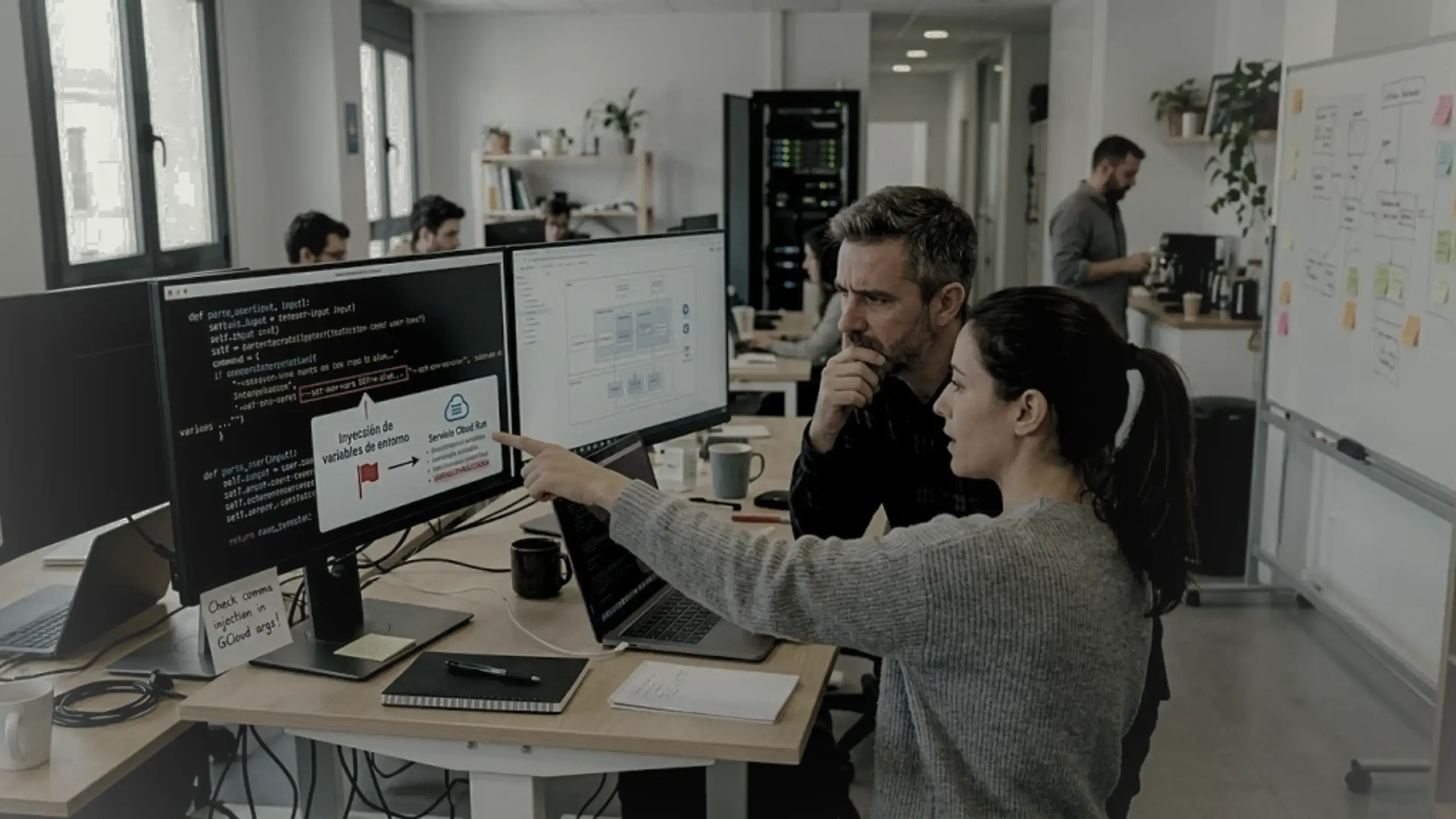 Programadores analizan una vulnerabilidad en una oficina. Uno señala una pantalla con código subrayado en rojo, diagramas de "Inyección de variables de entorno" y "Servicio Cloud Run", y una nota manuscrita: "Check comma injection in GCloud args!".
