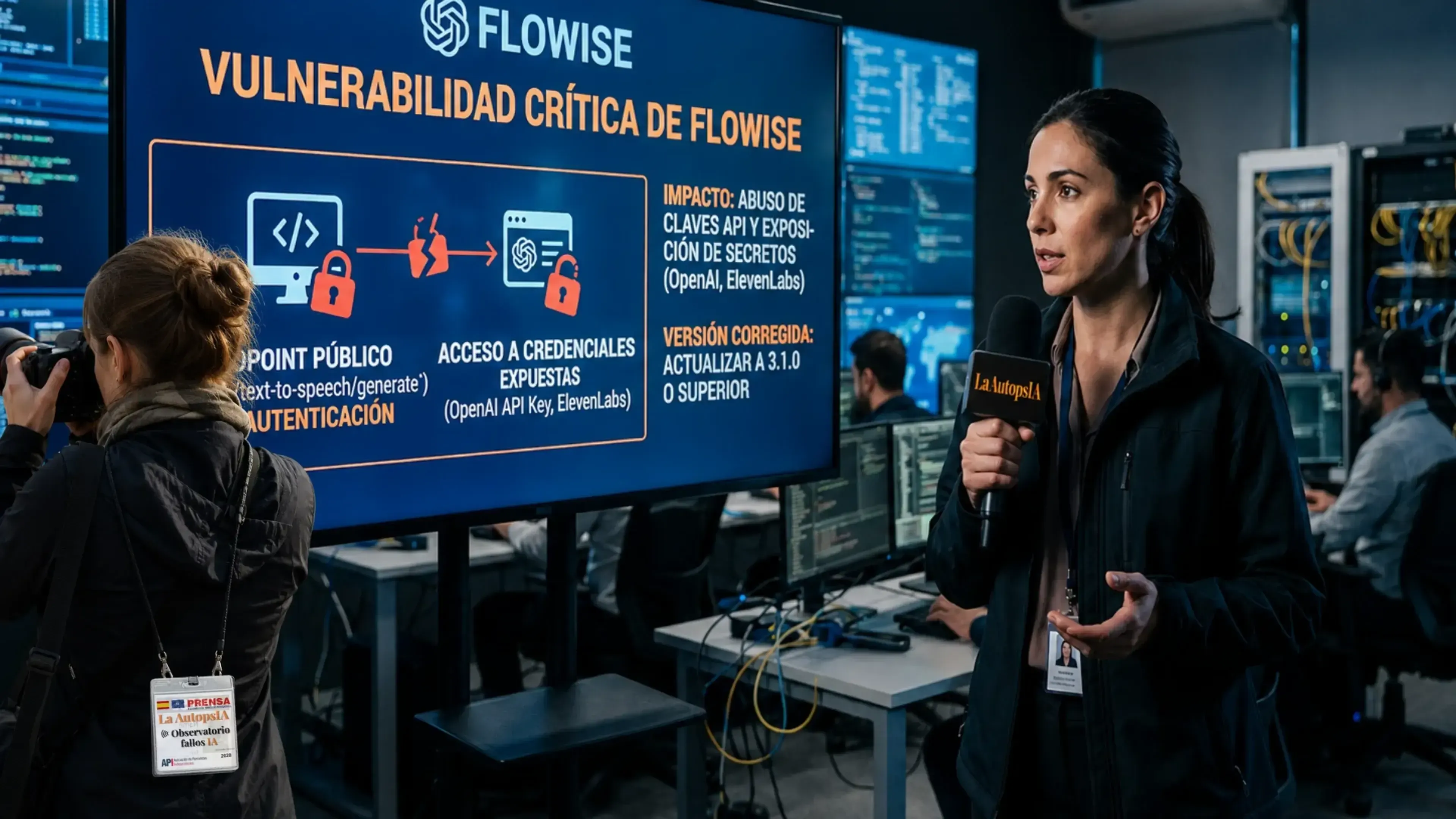Reportera de La AutopsIA informa sobre una vulnerabilidad crítica de Flowise frente a una pantalla que muestra el acceso público sin autenticación y la posible exposición de claves API.