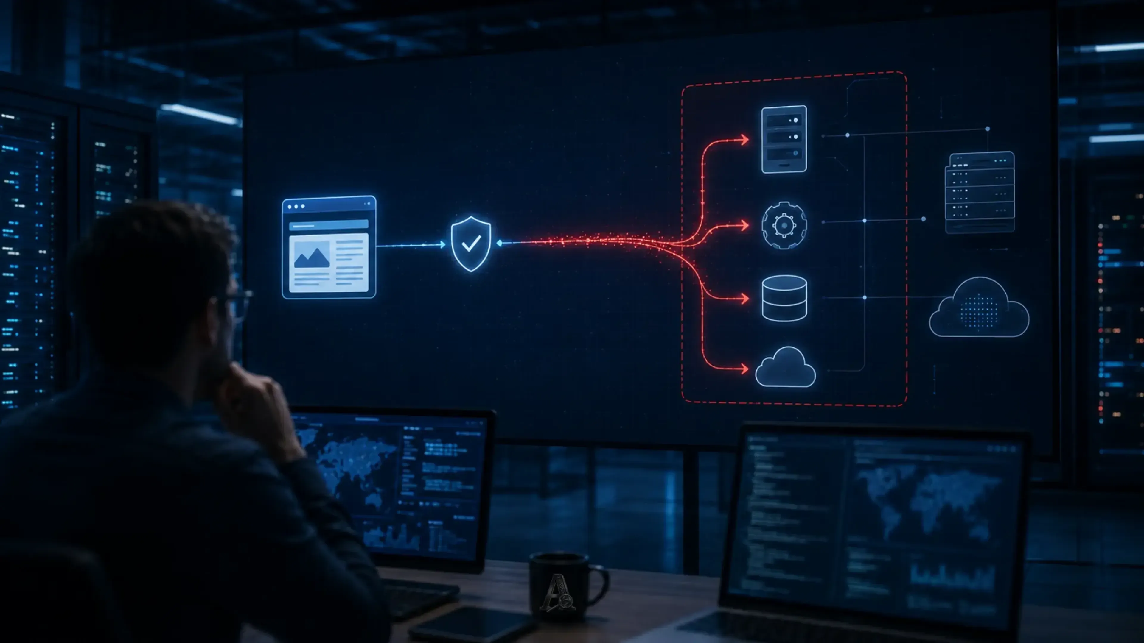 Analista de ciberseguridad observa cómo una URL aparentemente válida atraviesa una verificación y redirige tráfico hacia servidores, bases de datos y servicios internos en un centro de control digital.