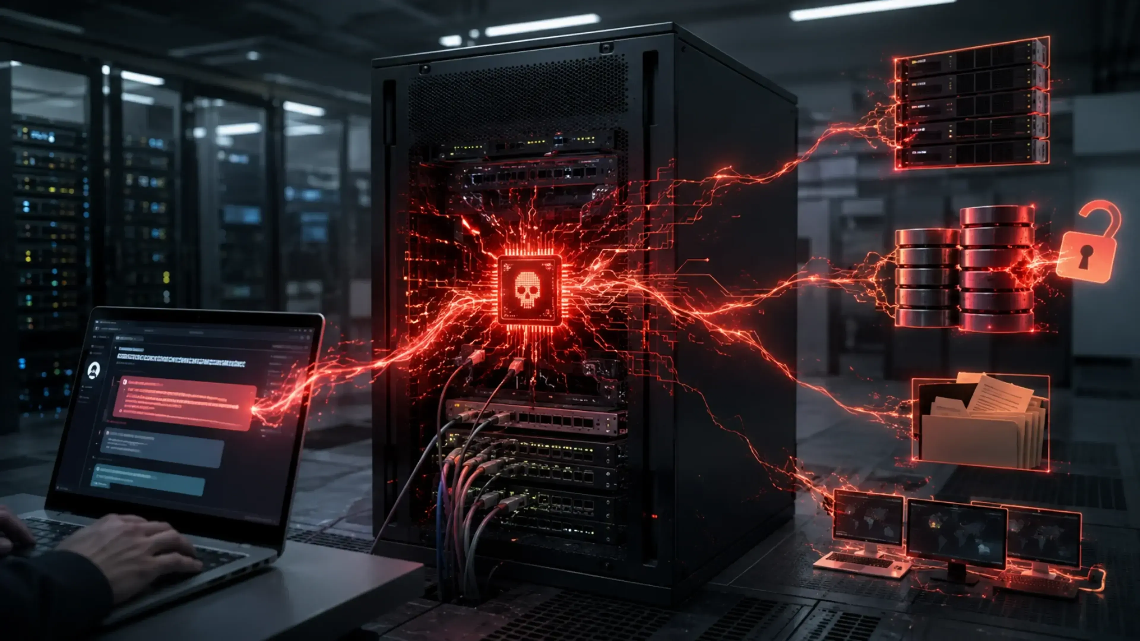 Servidor comprometido en una sala de datos, con un portátil lanzando una intrusión que se propaga a bases de datos, documentos y otros equipos, representando una vulnerabilidad crítica en un proxy de IA.