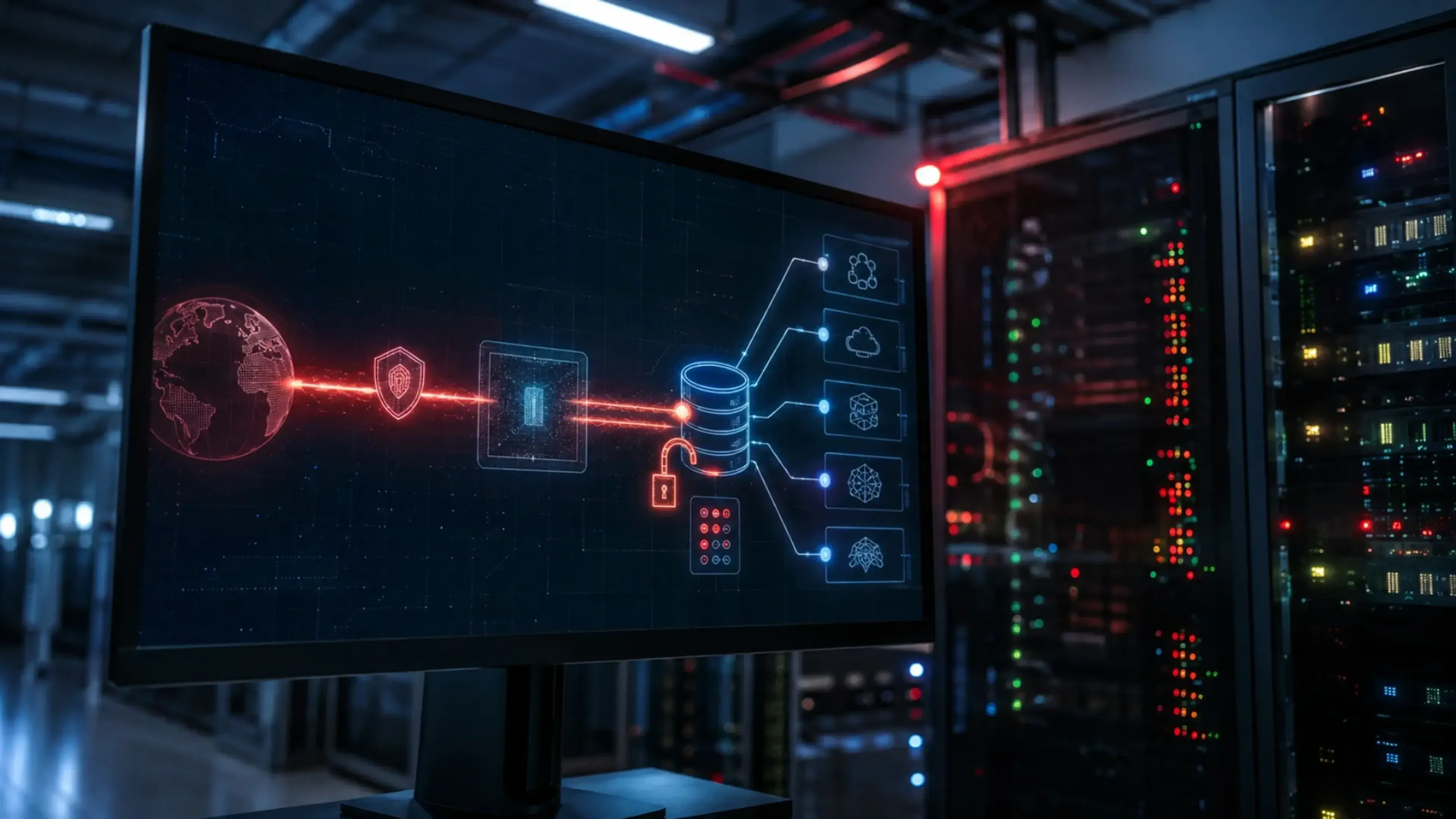 Centro de datos con monitor de ciberseguridad mostrando una intrusión que atraviesa la protección de un proxy y alcanza una base de datos conectada a varios servicios de IA.