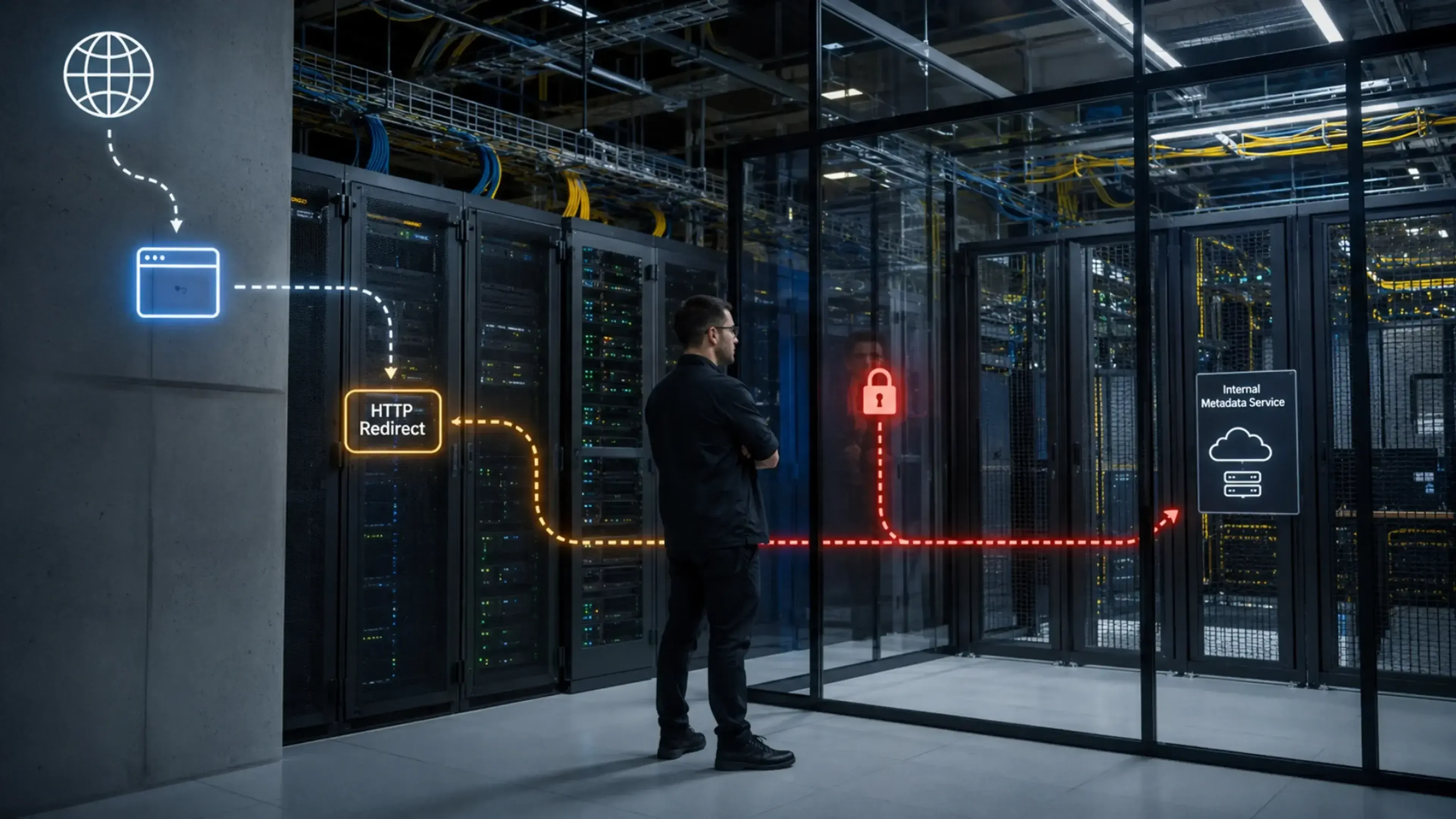 Ruta de redirección HTTP atraviesa el perímetro de seguridad de un centro de datos y apunta hacia servidores internos, representando una vulnerabilidad SSRF en Open WebUI.