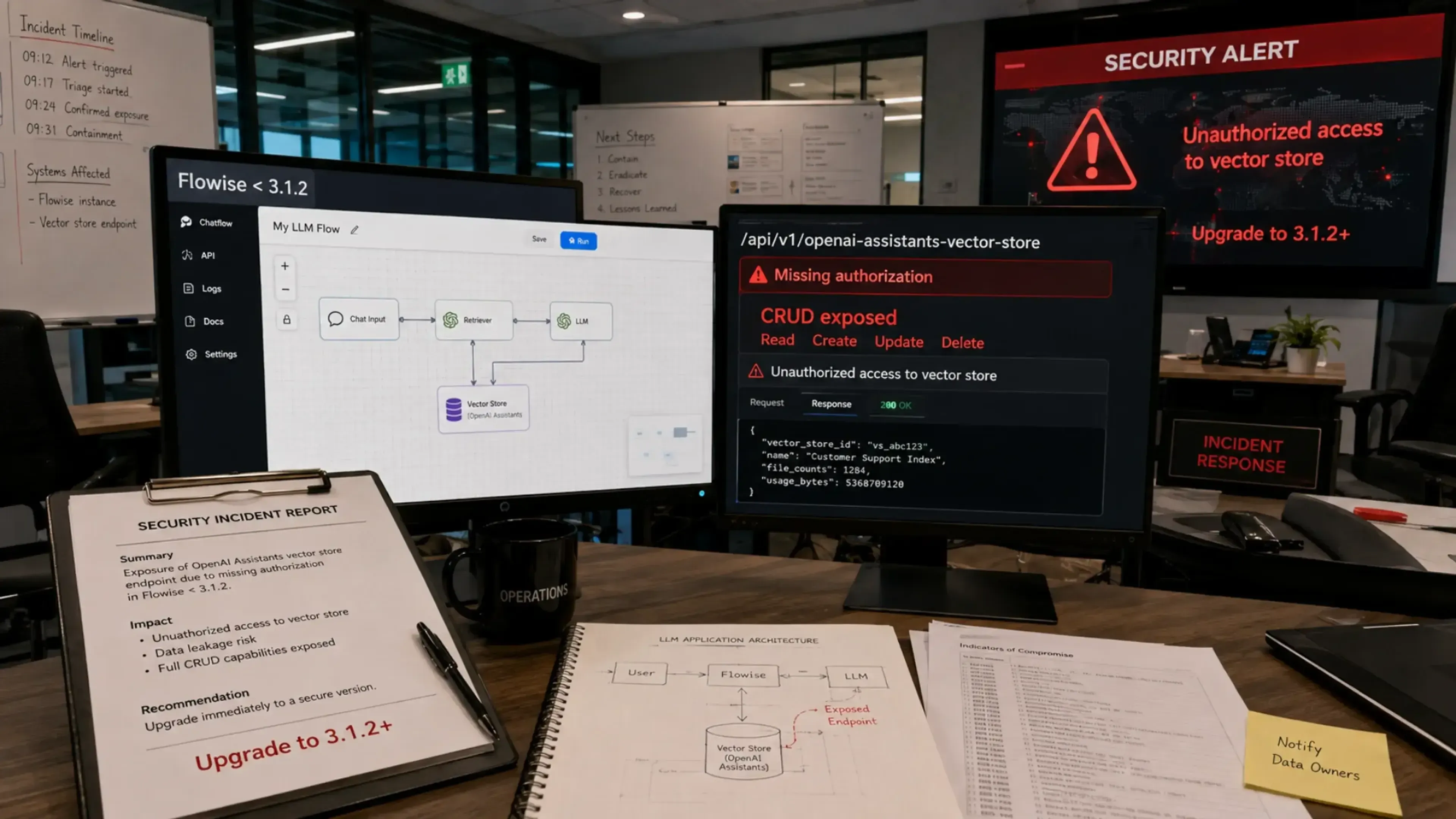 Sala de operaciones de ciberseguridad con pantallas que alertan de acceso no autorizado al almacén vectorial de Flowise, informes impresos y diagramas técnicos, en una escena realista de respuesta a incidentes.