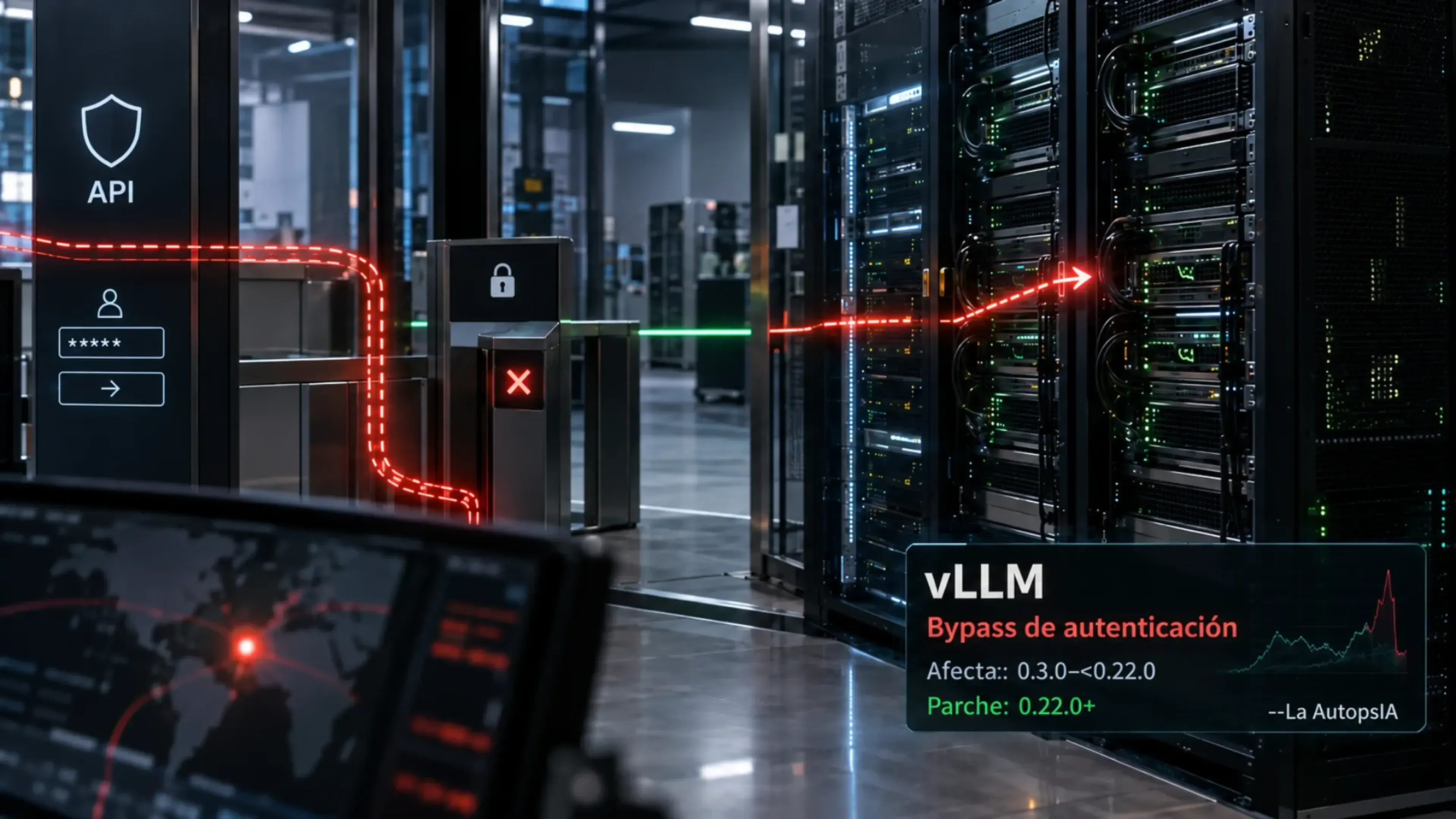 Centro de datos con racks de servidores y un control de acceso burlado por una ruta roja que entra al clúster. Panel: “vLLM, bypass de autenticación”, afecta 0.3.0–<0.22.0 y parche 0.22.0+, firmado por La AutopsIA.