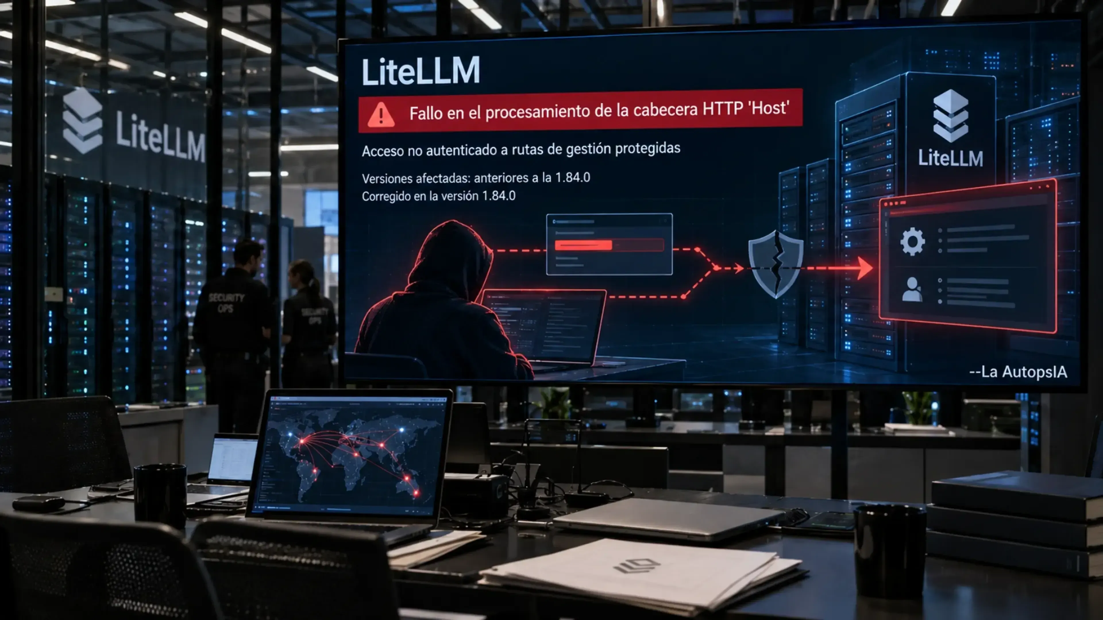 Sala de operaciones de ciberseguridad con panel gigante sobre una vulnerabilidad de LiteLLM: fallo en la cabecera Host que permite acceso no autenticado a rutas de gestión, entre servidores, mapas y equipos de análisis.