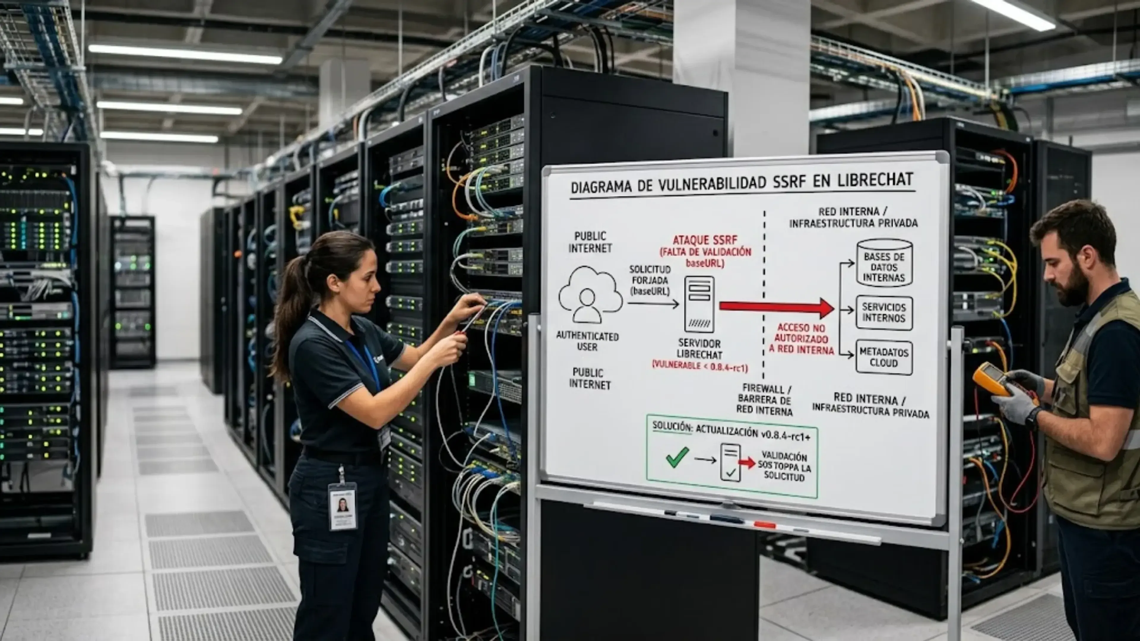 Sala de servidores con dos técnicos trabajando. En el centro, una pizarra muestra un diagrama titulado DIAGRAMA DE VULNERABILIDAD SSRF EN LIBRECHAT, ilustrando un flujo de ataque de red y una solución.