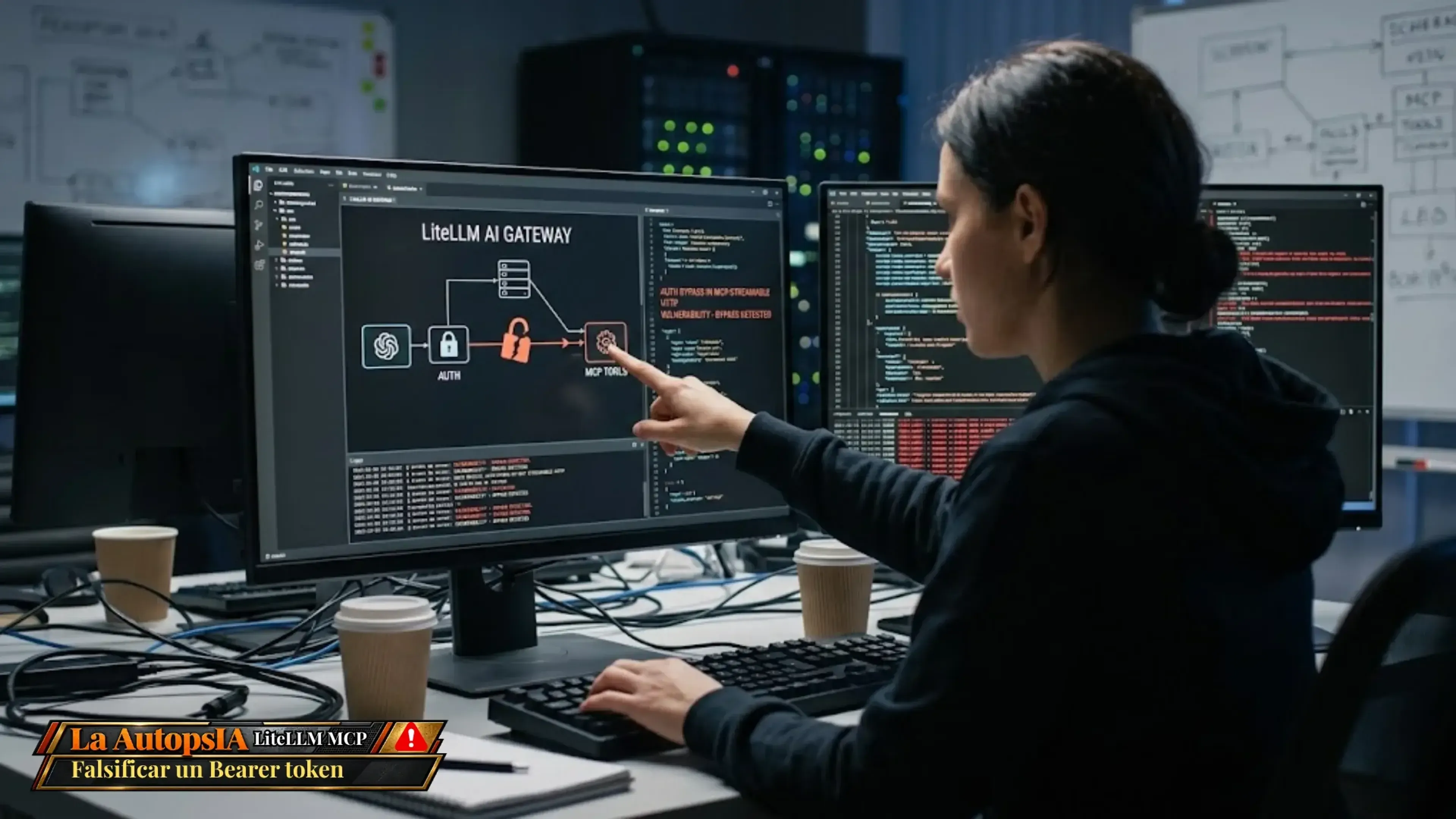 Una especialista en ciberseguridad analiza en su monitor la vulnerabilidad de LiteLLM AI Gateway, señalando un diagrama que muestra cómo se omite la autenticación (candado abierto) para acceder de forma no autorizada a herramientas MCP.