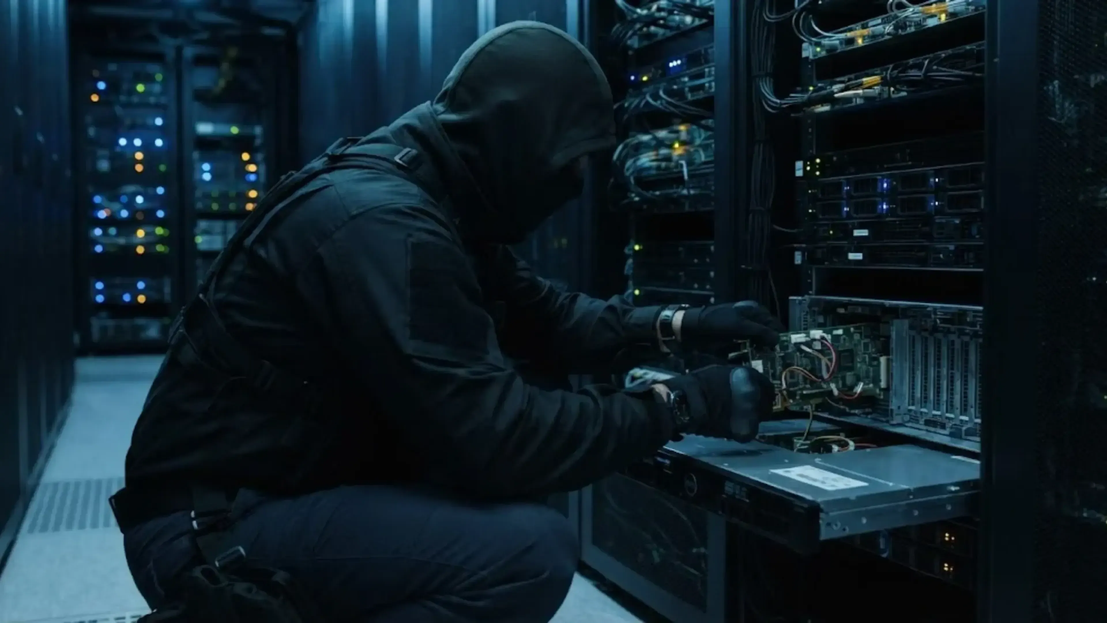 Figura encapuchada vestida de negro agachada frente a un rack de servidores abierto en una sala de servidores oscura, manipulando componentes internos con guantes, rodeada de racks con luces de colores parpadeantes.