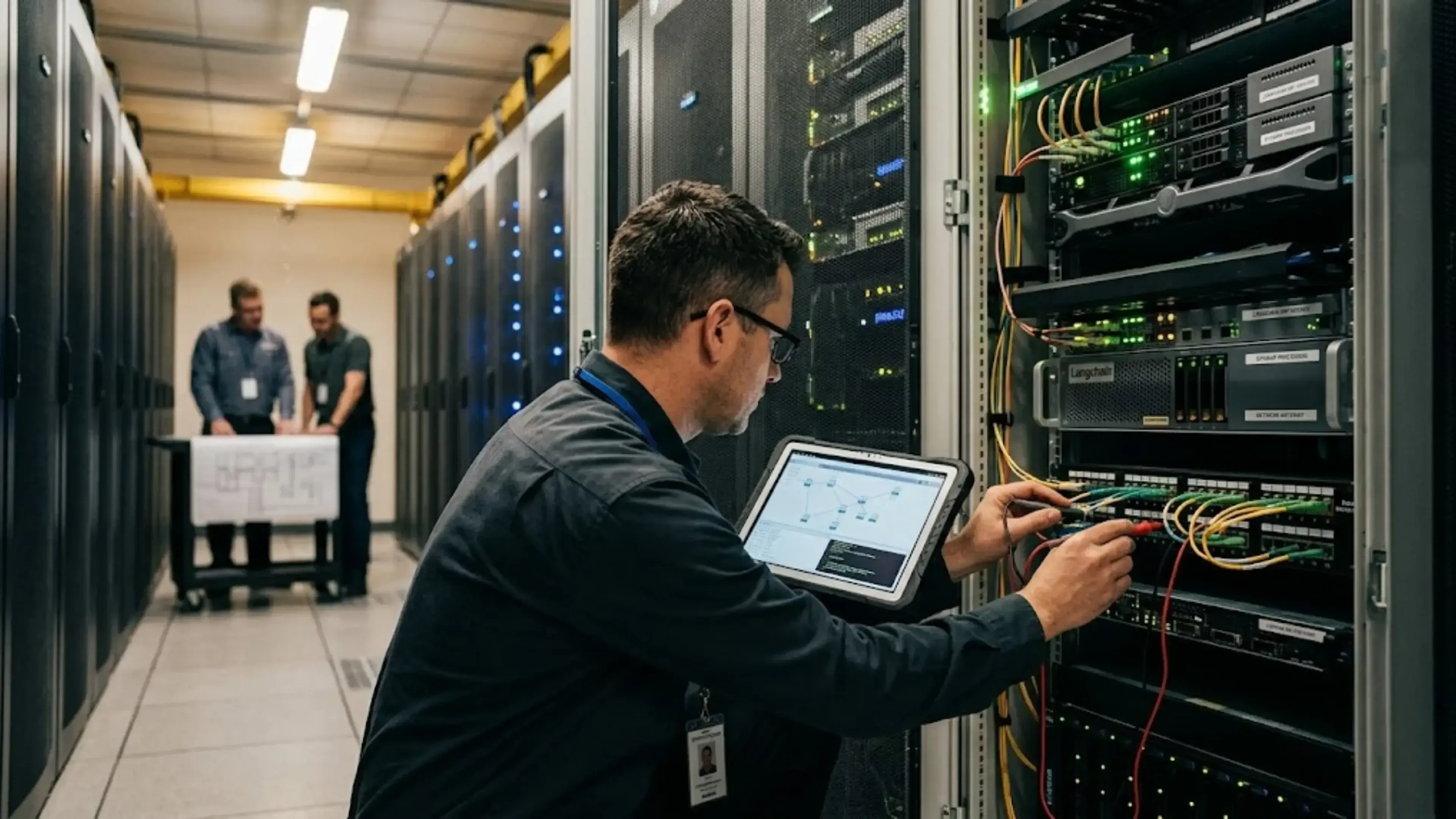 Técnico revisando cableado en servidor de centro de datos mientras usa una tableta con esquemas de red. Fondo con pasillos de servidores y otros dos profesionales trabajando. Estilo realista.