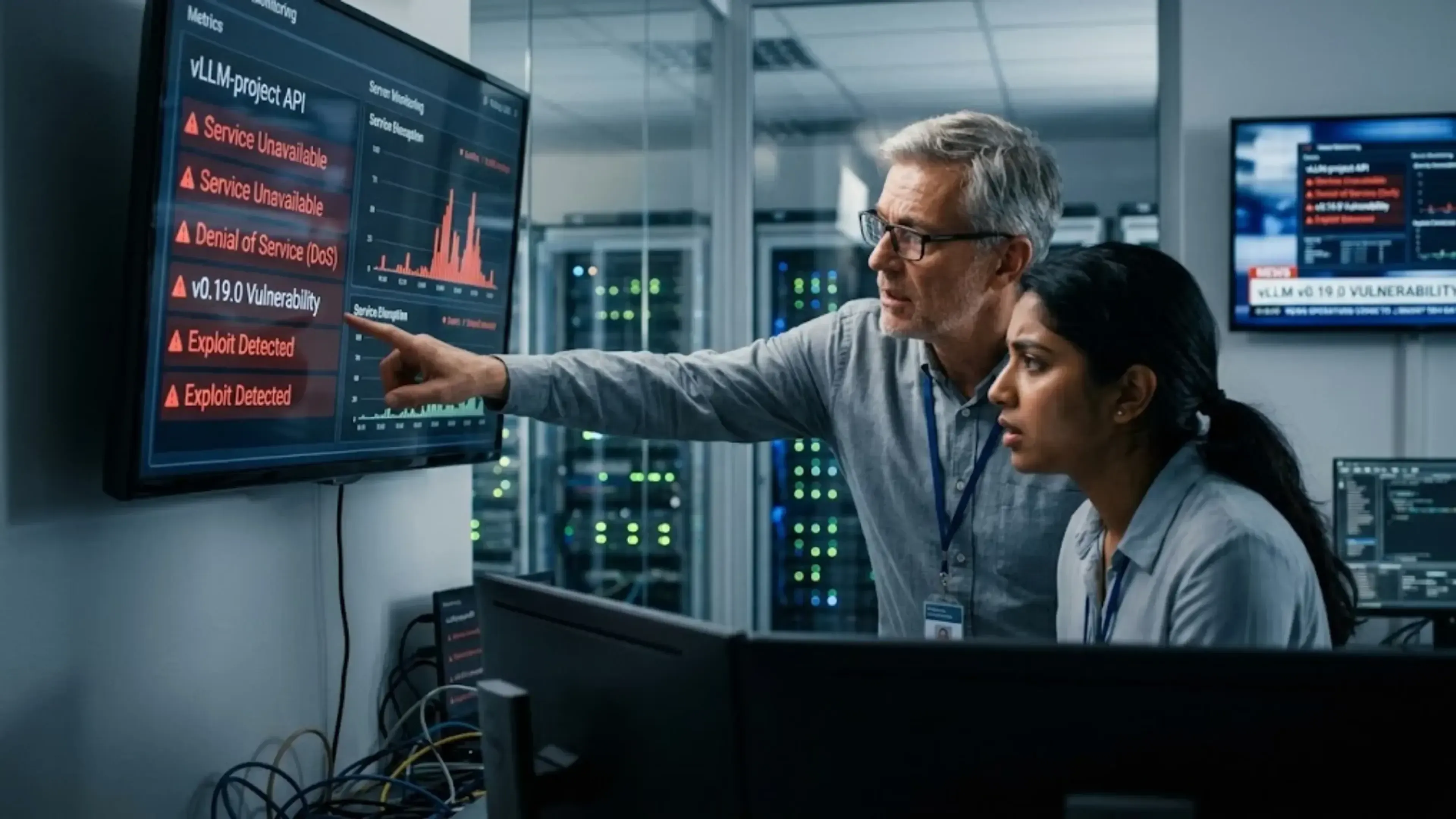 Dos ingenieros, con expresión de preocupación, analizan en una gran pantalla una alerta de vulnerabilidad de denegación de servicio (DoS) en vLLM-project API versión 0.19.0. Señalan que un exploit ha sido detectado.