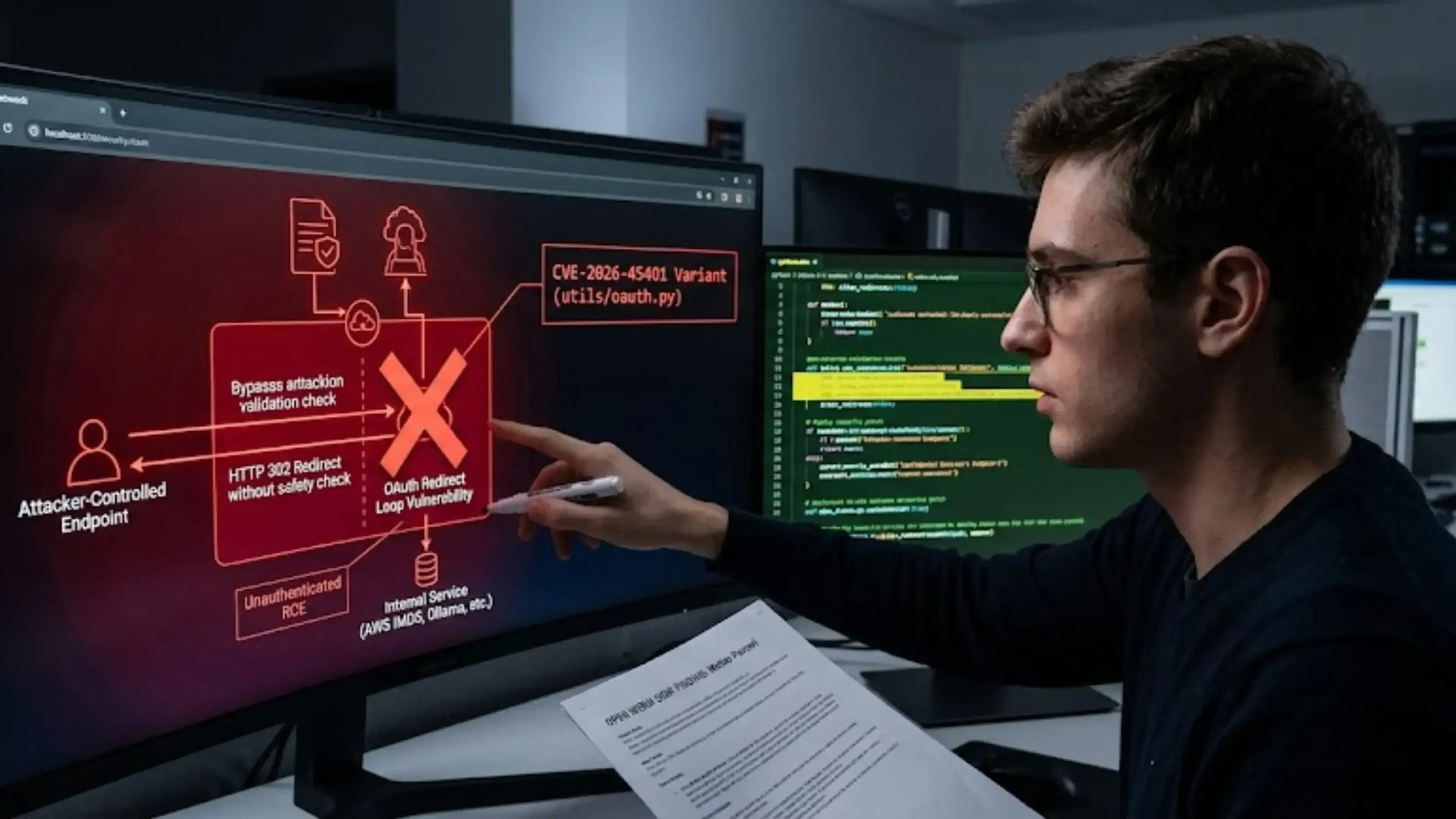 Un especialista analiza una vulnerabilidad de SSRF en Open WebUI (variante CVE-2026-45401). Un diagrama gráfico muestra cómo un atacante burla la validación con una redirección HTTP 302 hacia servicios internos críticos como Ollama o AWS IMDS.