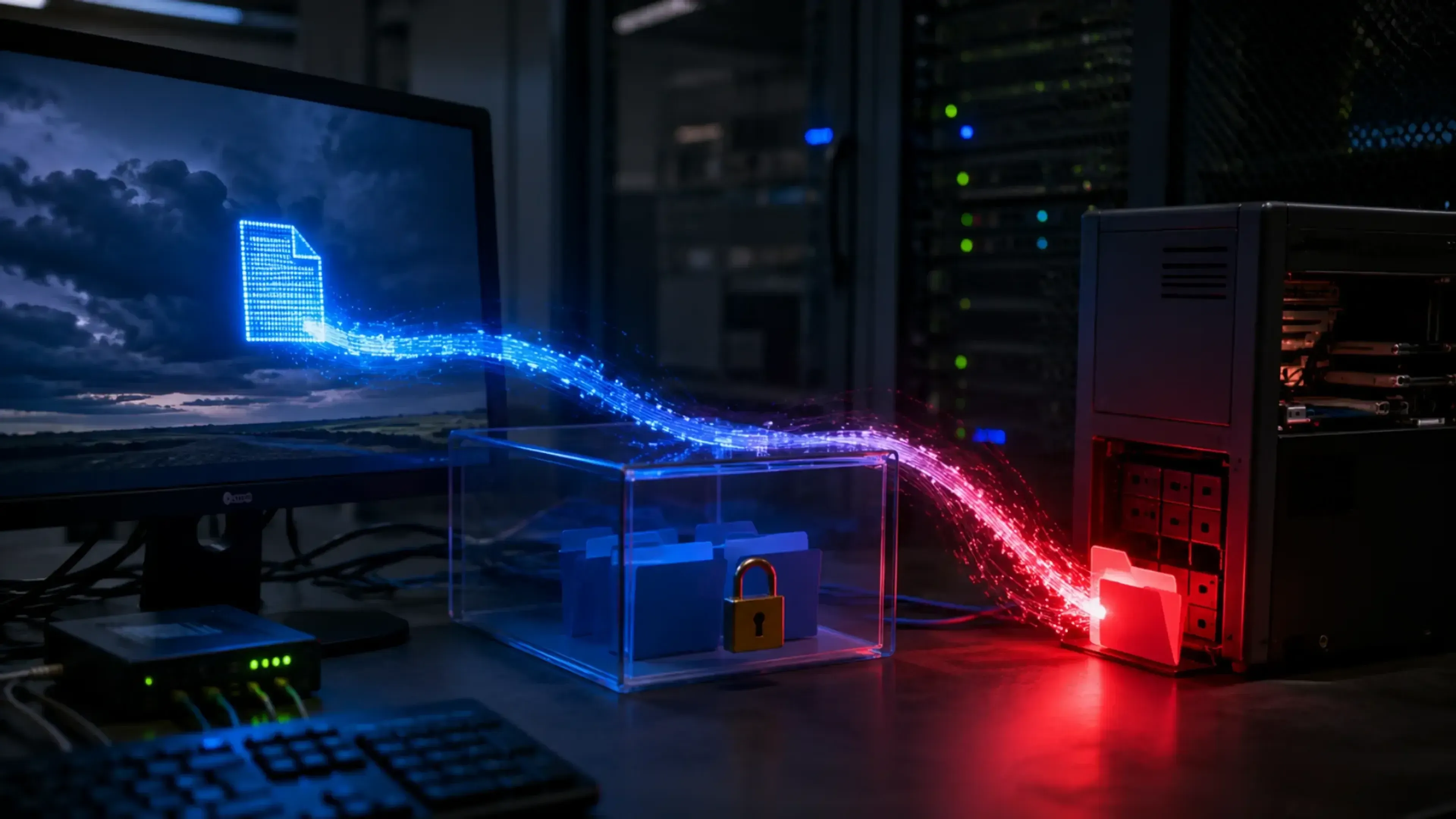 Servidor descarga un archivo desde internet y lo escribe fuera de una carpeta protegida, representado por un flujo de datos que atraviesa el contenedor de seguridad hacia un equipo externo.