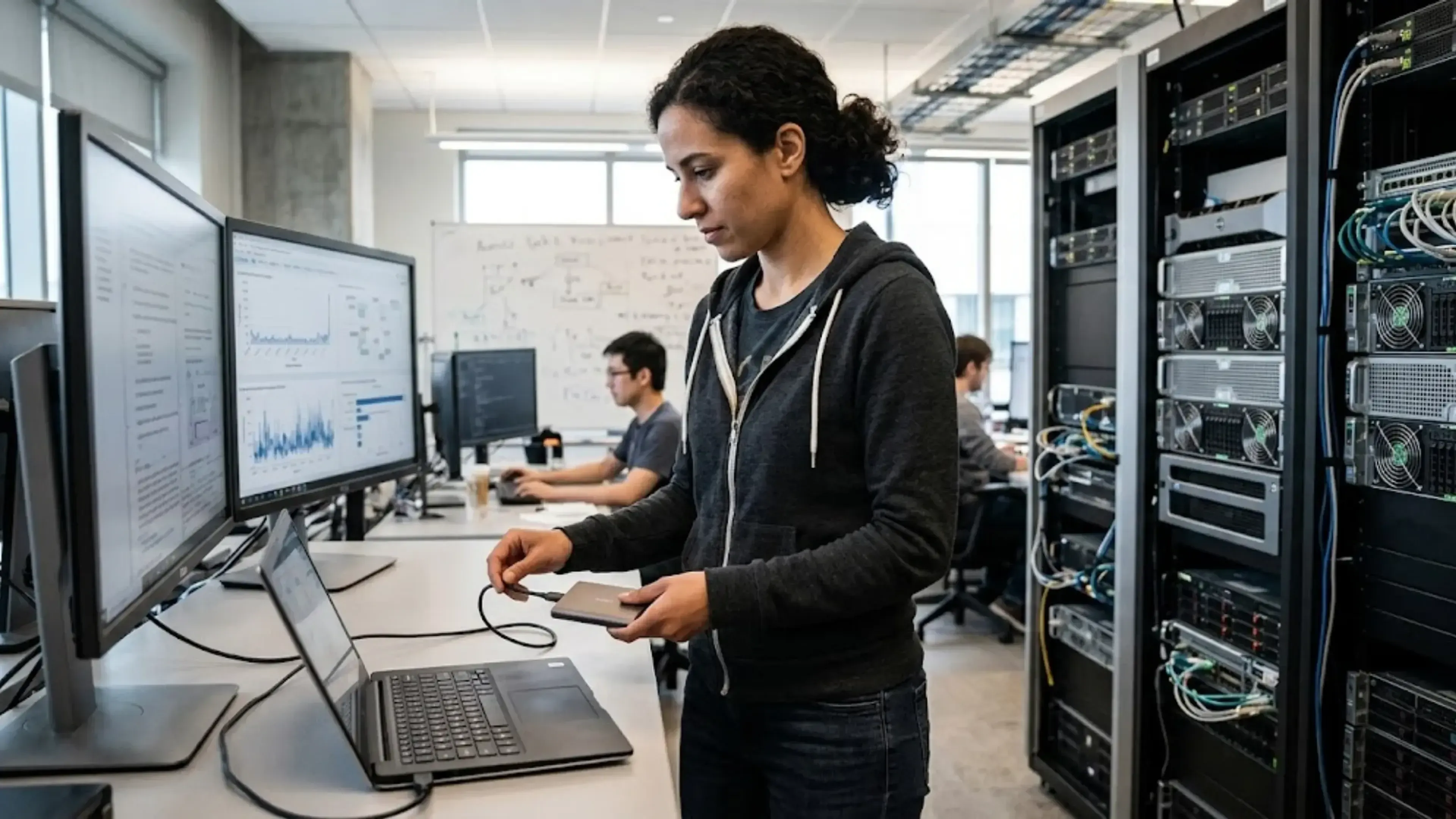 Dos técnicos aíslan de la red un servidor de inferencia con varias GPU en un laboratorio. Uno desconecta el cable Ethernet del equipo mientras el otro observa la operación.