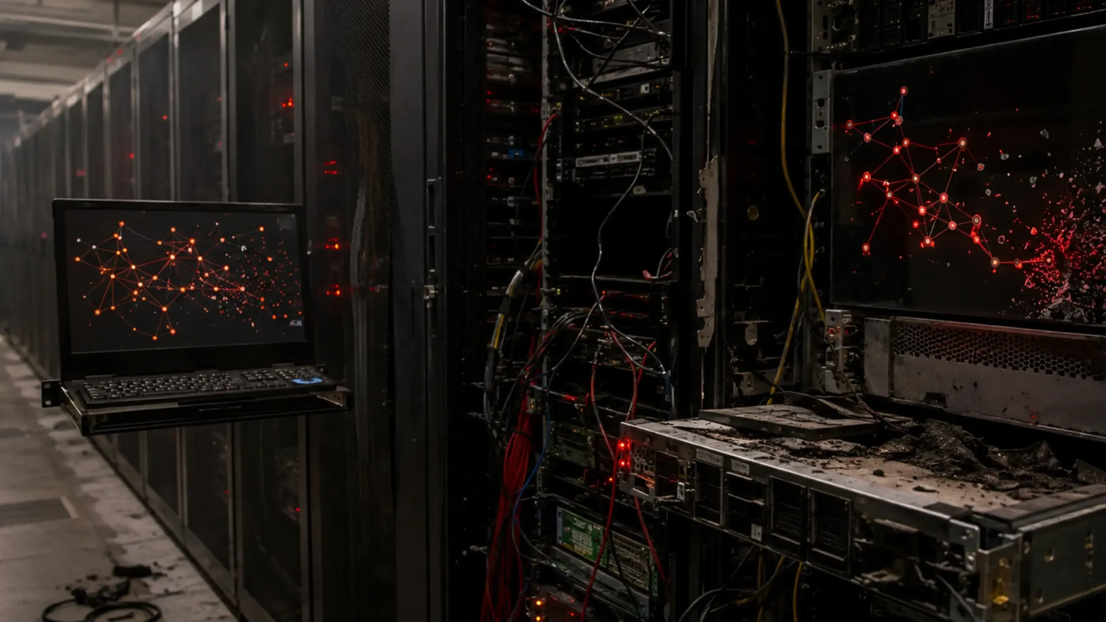 Sala de servidores con racks abiertos, cables expuestos y gráficos de nodos fragmentándose, representando una inyección de prompt contra consultas Cypher en Neo4j.