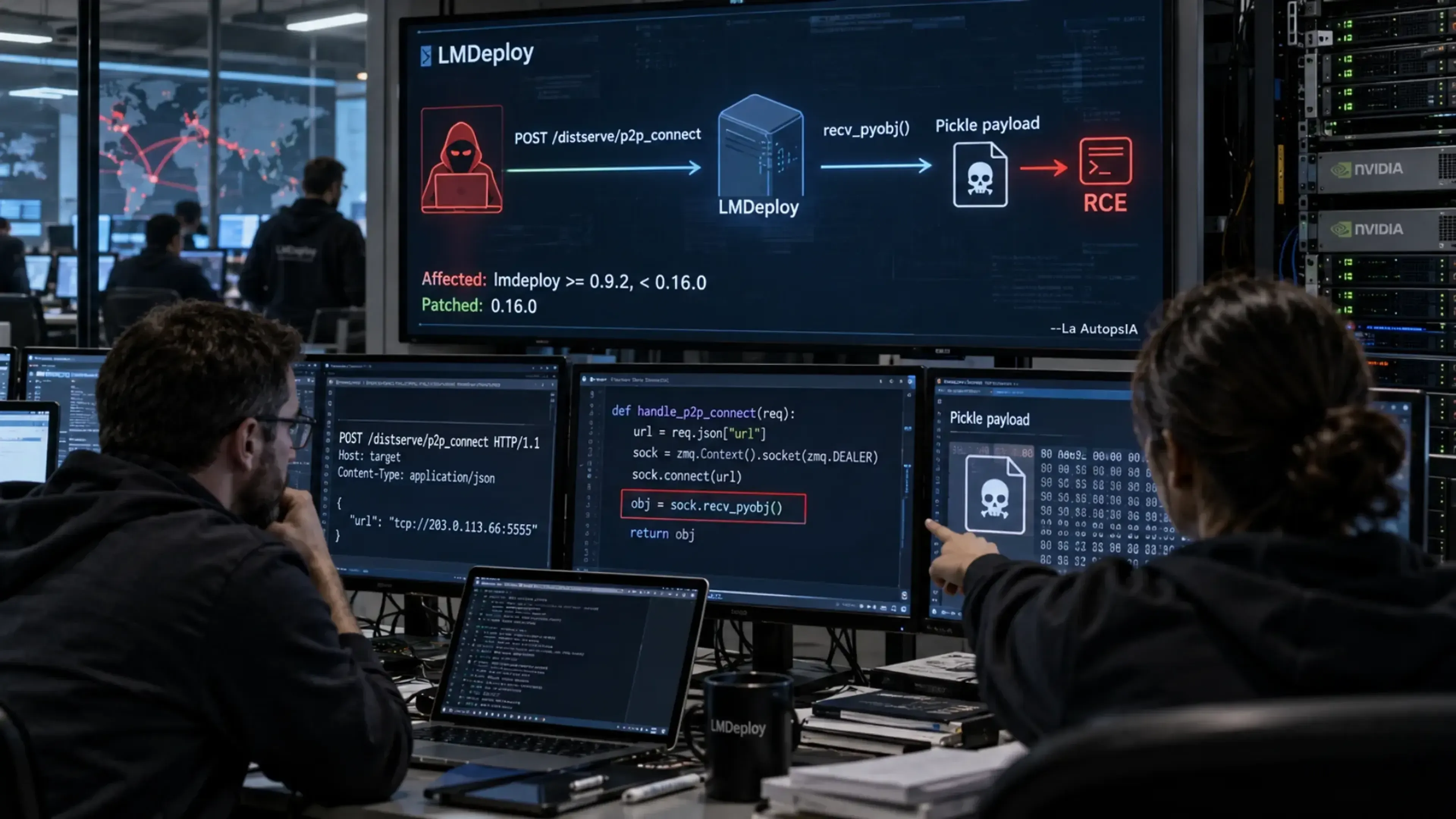 Equipo de ciberseguridad analiza una vulnerabilidad RCE crítica en LMDeploy DistServe causada por deserialización Pickle insegura mediante ZeroMQ, con el flujo de ataque mostrado en varias pantallas.