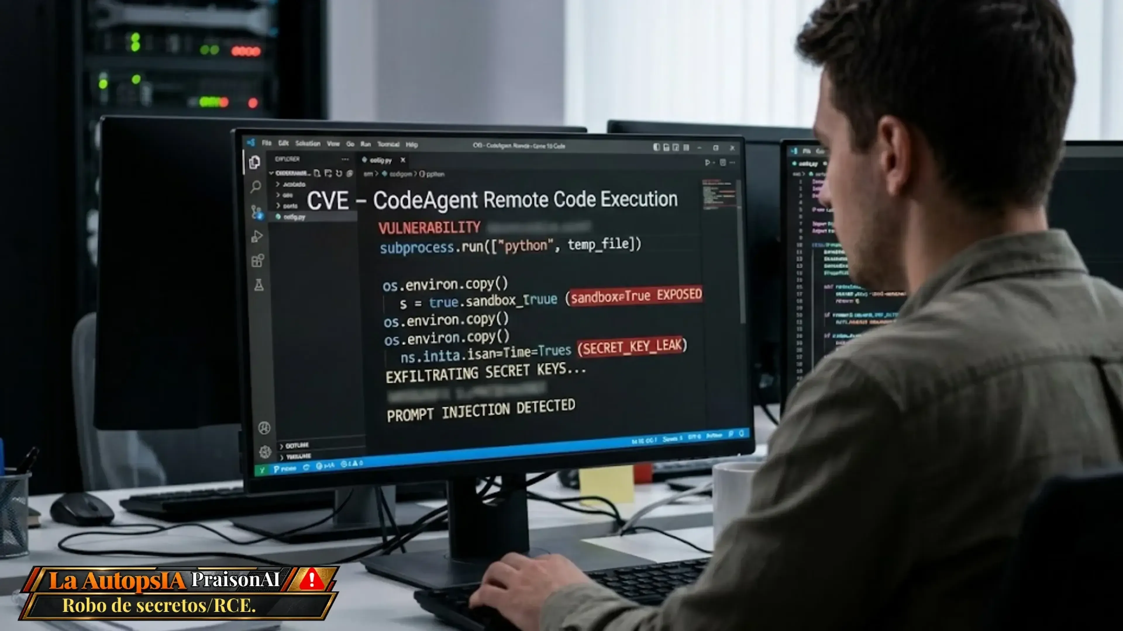 Un experto en ciberseguridad analiza en su monitor una vulnerabilidad crítica de "CodeAgent Remote Code Execution" en PraisonAI. La pantalla muestra líneas de código como subprocess.run y alertas de filtración de claves por inyección.