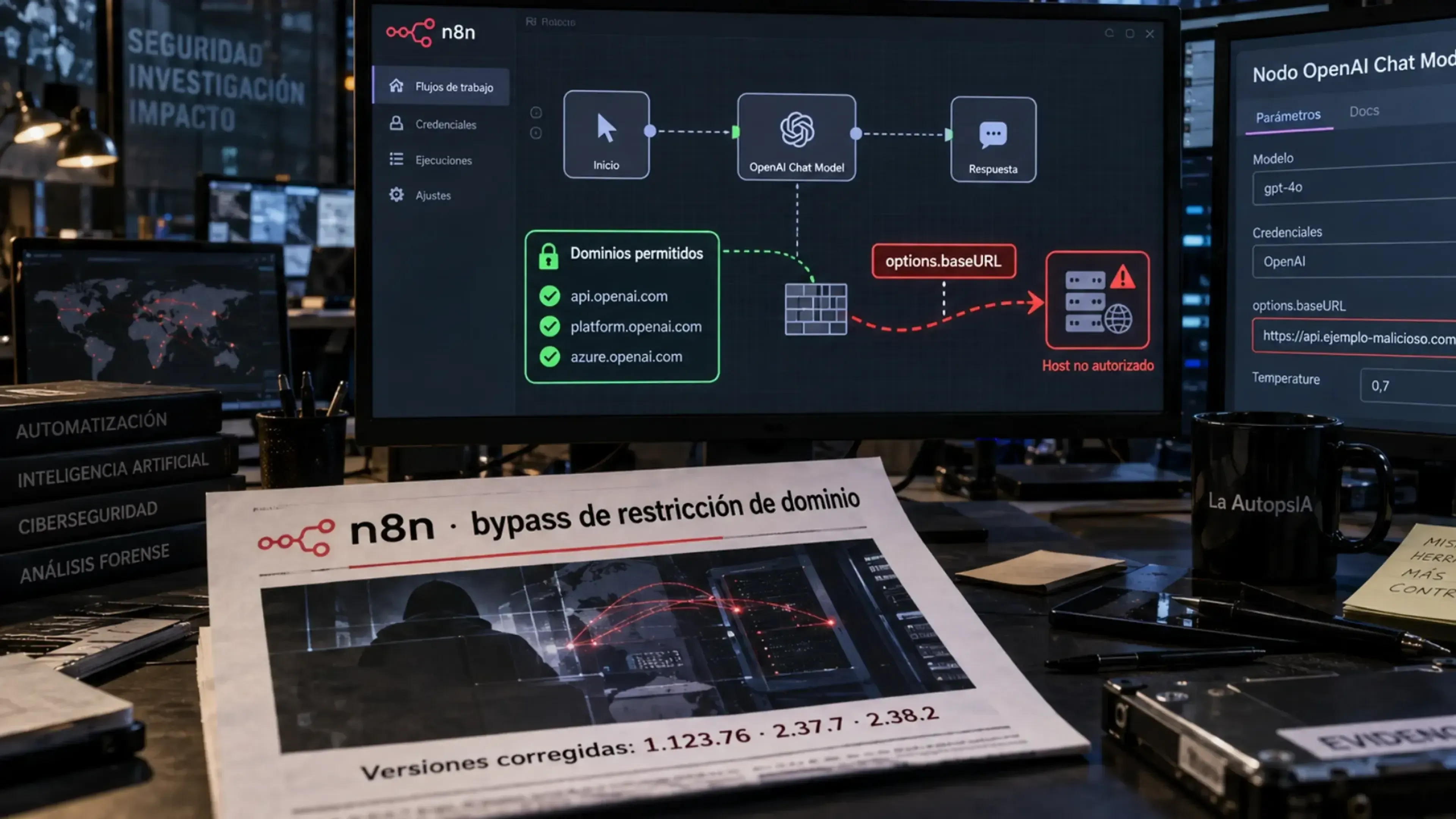 Alerta de seguridad en n8n: el nodo OpenAI Chat Model podía eludir la restricción de dominios y enviar credenciales a hosts no autorizados mediante options.baseURL. Imagen de análisis técnico de La AutopsIA.