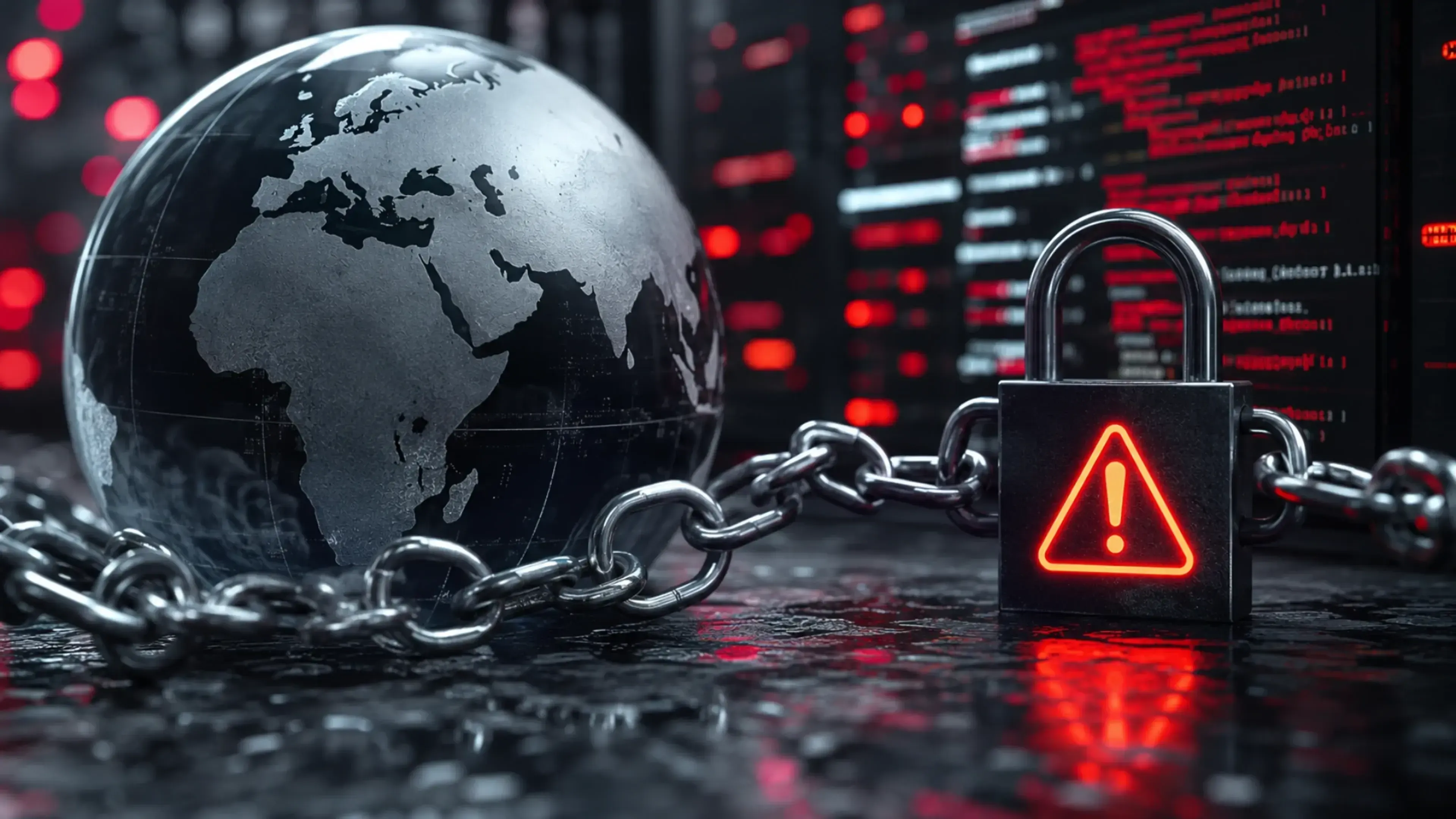 Globo metálico rodeado por cadenas y un candado de alerta rojo, con pantallas de código al fondo, representando vulnerabilidades críticas en una API Docker expuesta.