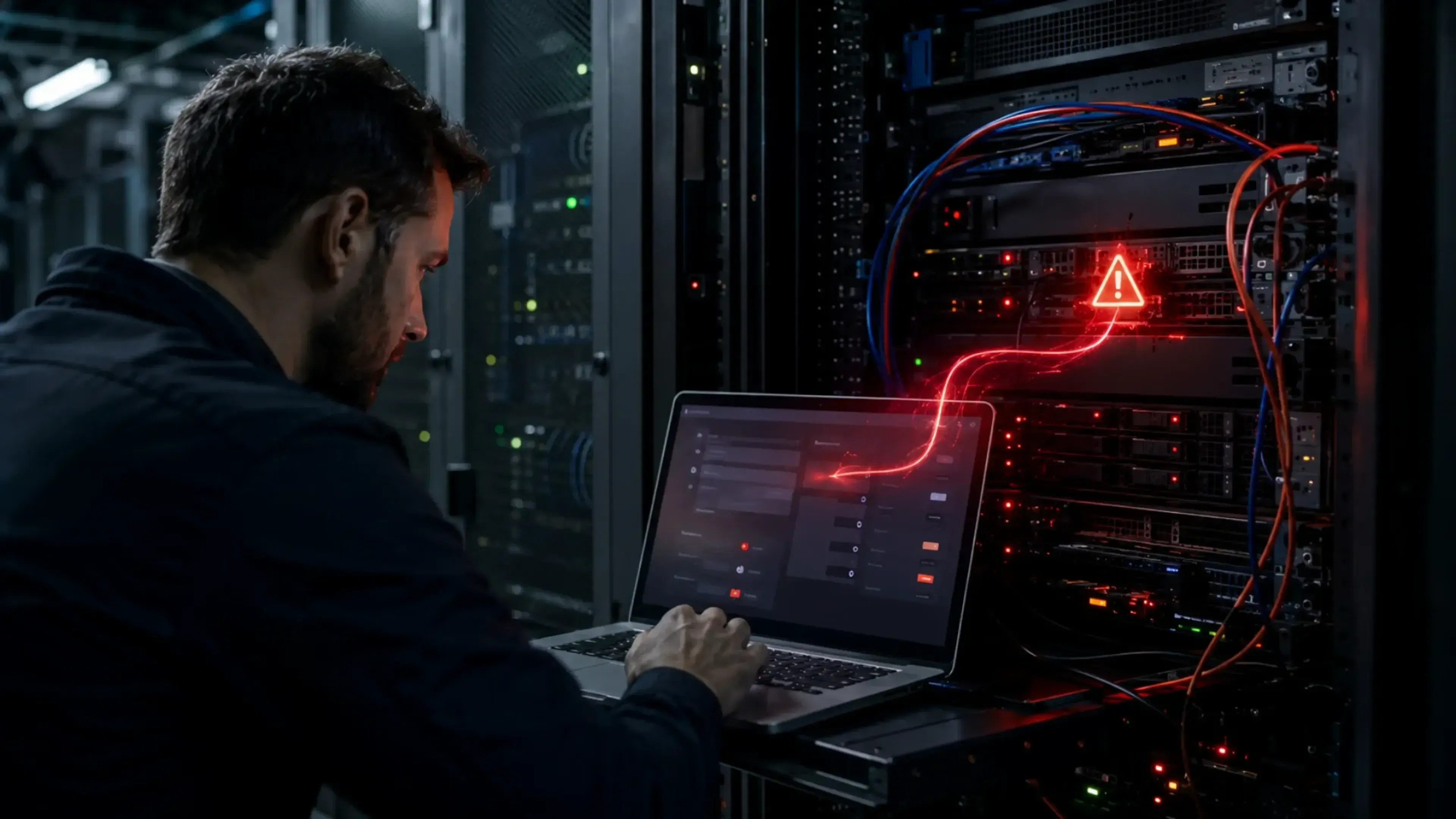 Operador en una sala de servidores, frente a un portátil y un rack con cables y luces rojas de alerta, representando una vulnerabilidad RCE autenticada en LangBot y el riesgo de tomar control del servidor.