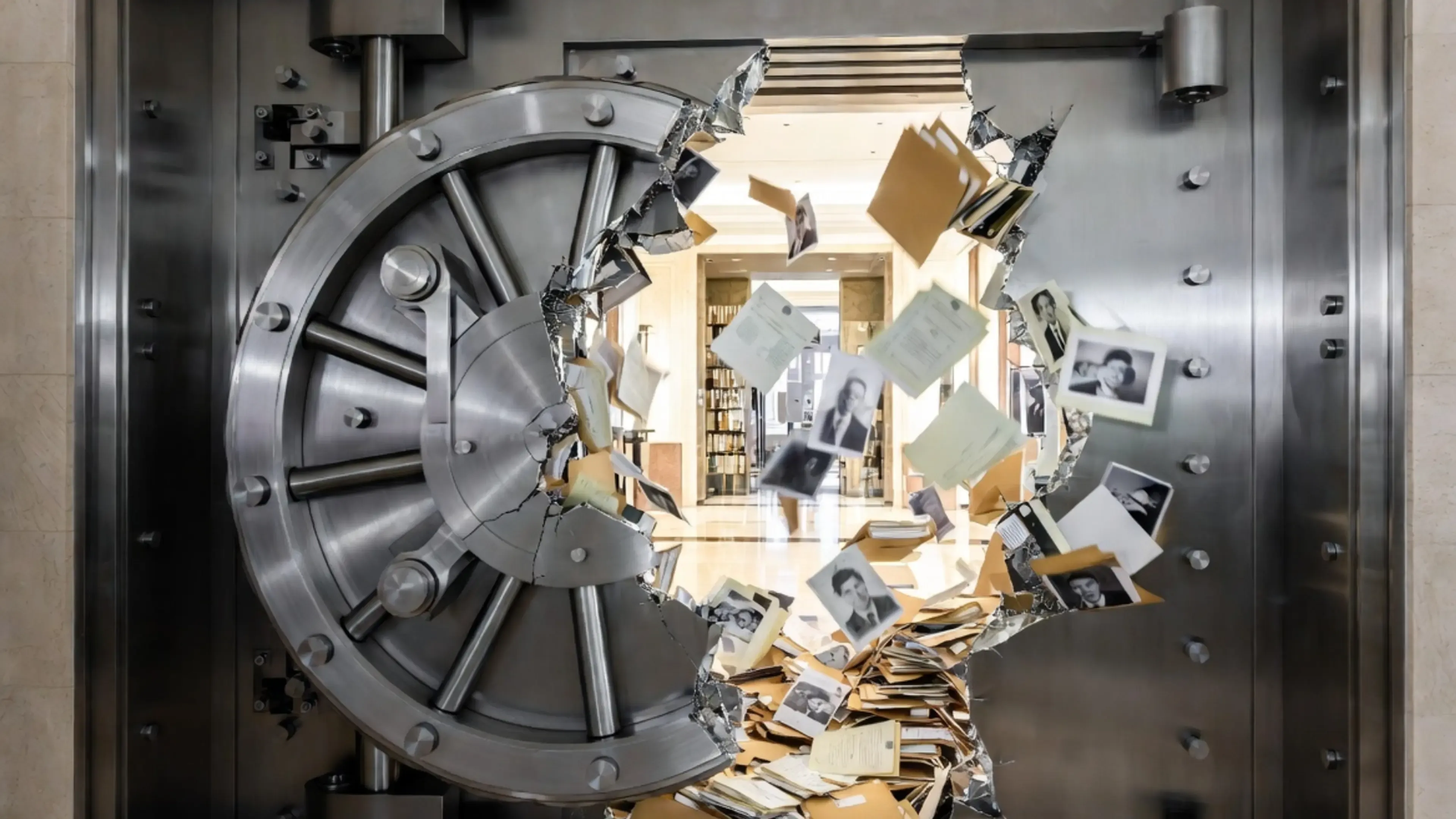 Bóveda de banco abierta con puerta de acero destruida, documentos y fotografías dispersas volando hacia el interior de una sala con estanterías de archivos.