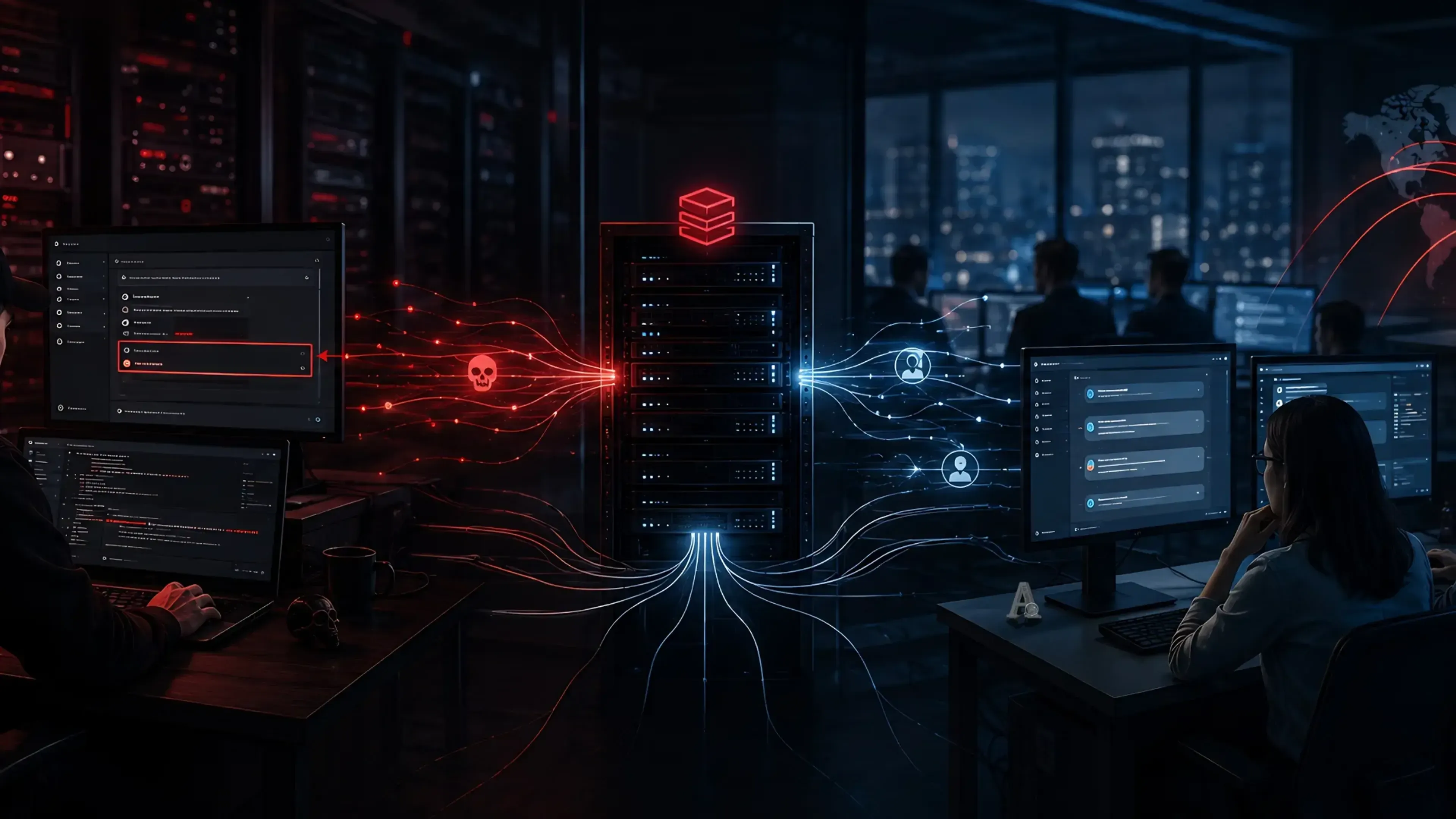 Administrador modifica una instancia mientras un servidor compartido Redis propaga tráfico alterado hacia usuarios de otra instancia, mostrando envenenamiento de caché, exfiltración silenciosa y riesgo de herramientas maliciosas.