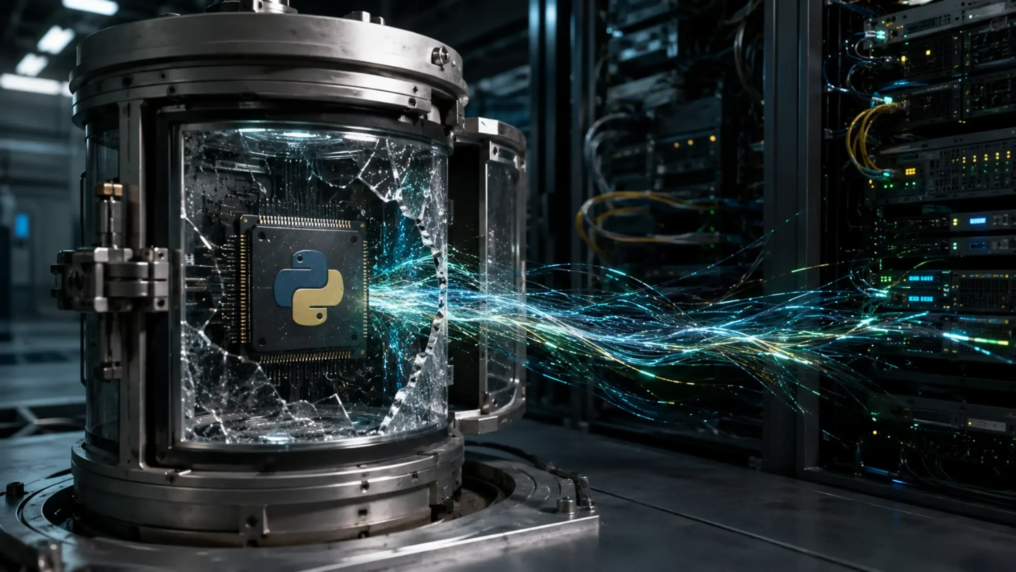 Contenedor de aislamiento con el símbolo de Python roto en un centro de datos, del que escapan flujos luminosos hacia racks de servidores, representando una fuga del sandbox y ejecución no contenida de código.