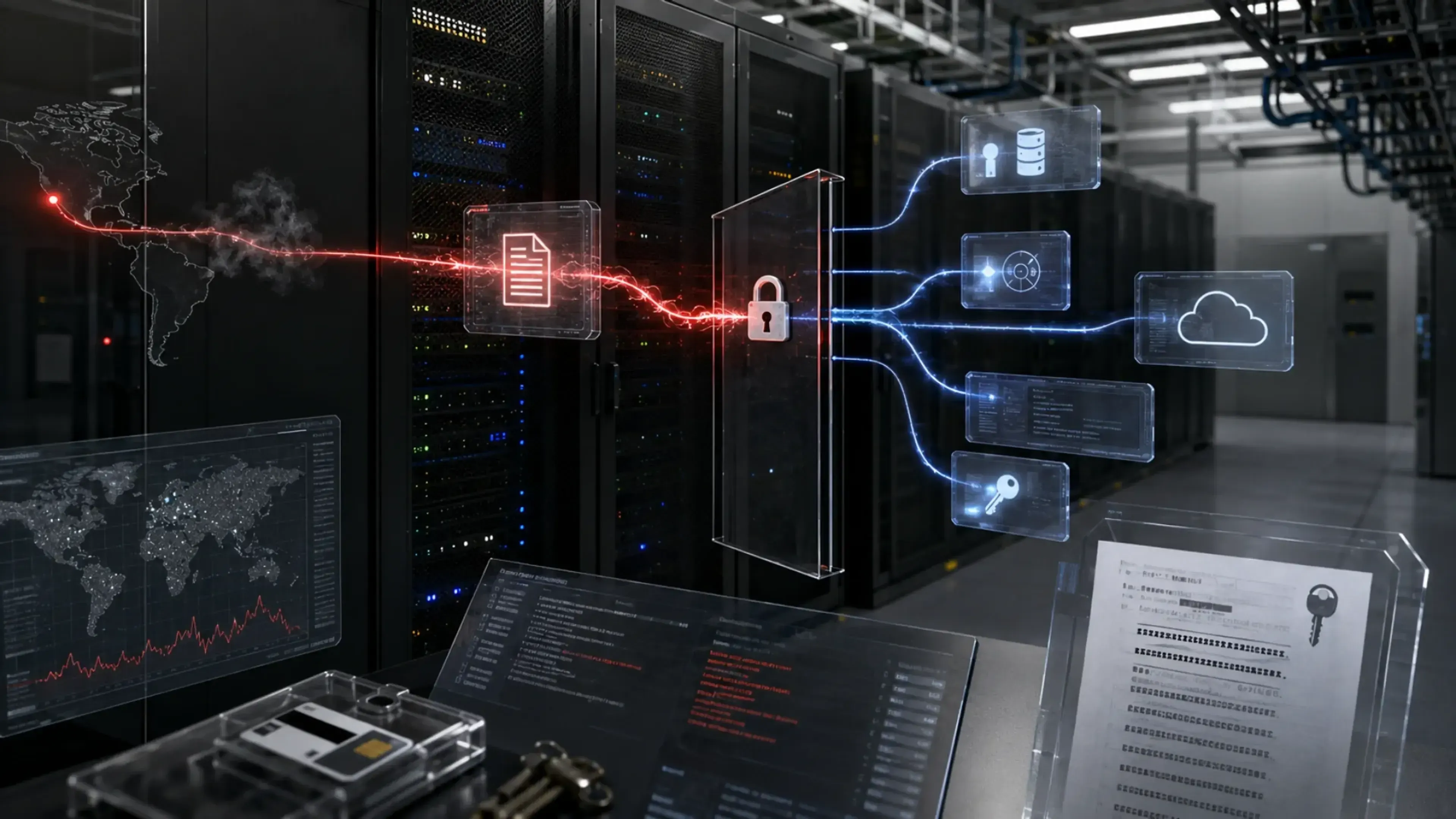 Centro de datos con servidores y una visualización de ciberseguridad: una conexión externa atraviesa un control y alcanza servicios internos, nube y credenciales, representando una vulnerabilidad SSRF.