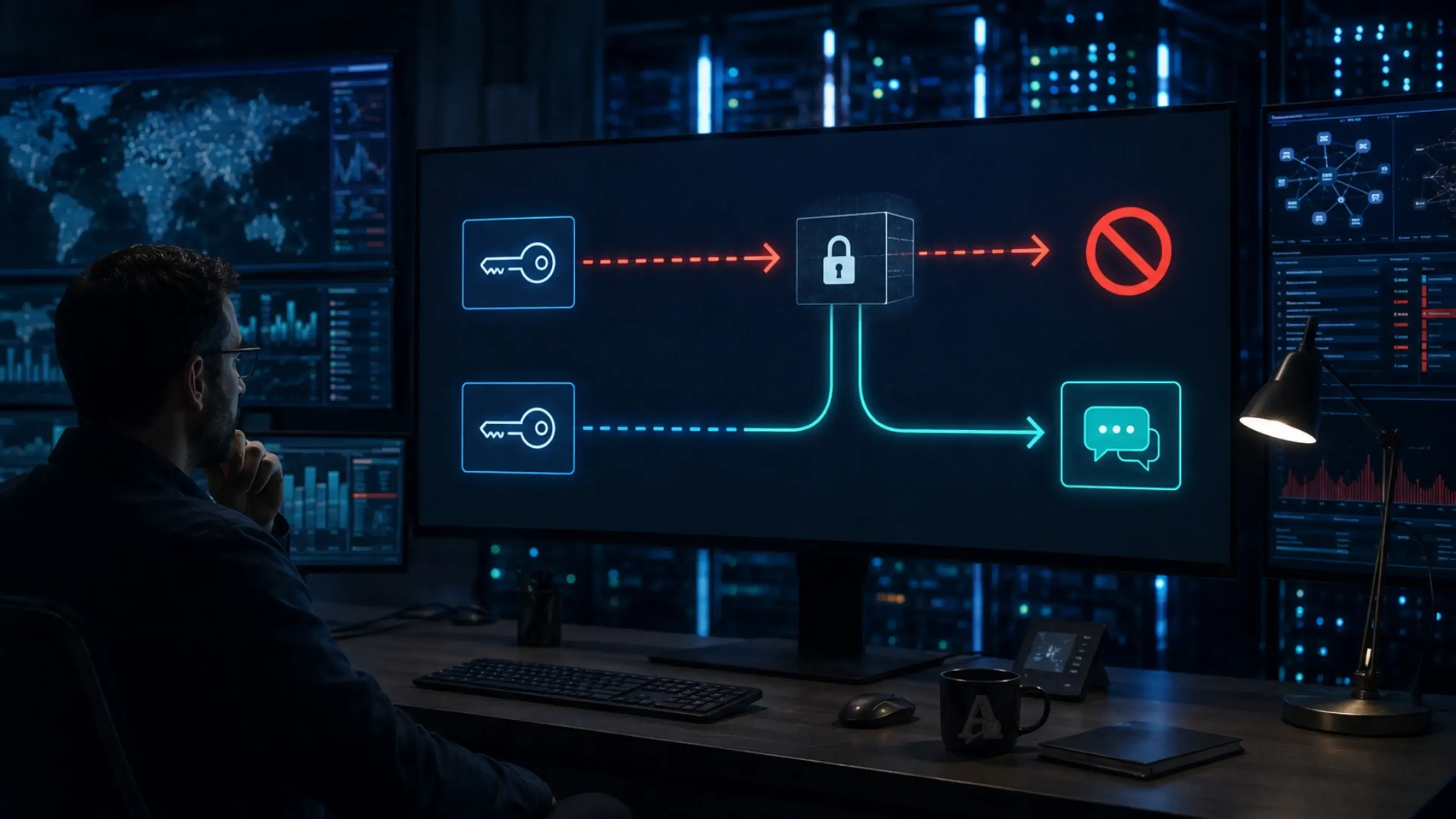 Analista de ciberseguridad observa en un centro de operaciones cómo una clave API bloqueada por una ruta accede por otra alternativa hasta un sistema de chat IA.