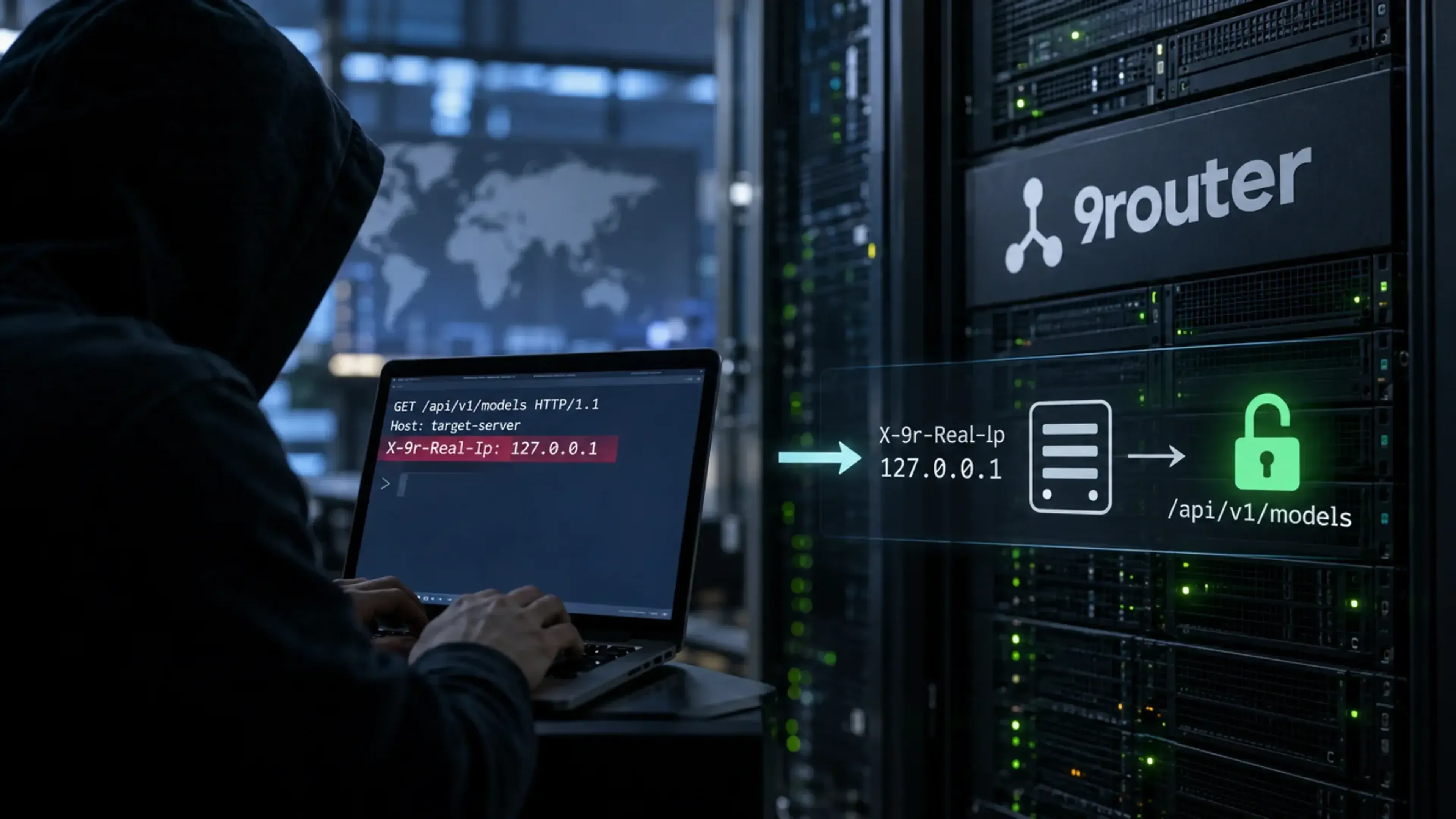 Texto Alt máximo 240 caracteres para la imagen. Servidor 9Router con una solicitud manipulada mediante la cabecera X-9r-Real-Ip: 127.0.0.1, que permite eludir la clave API y acceder sin autorización a /api/v1/models.