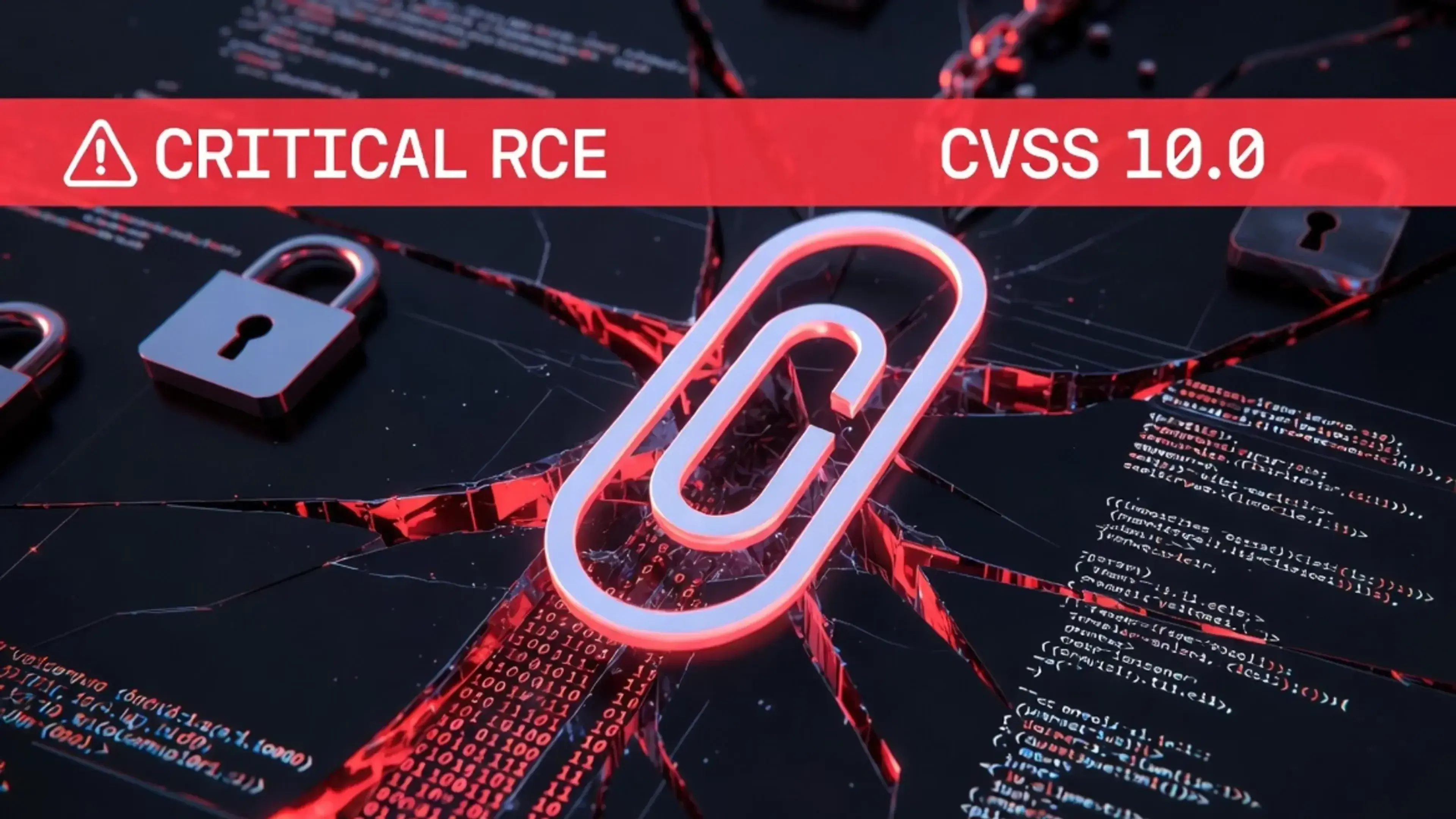 Ilustración digital con candados de seguridad, código de programación, un clip de papel brillante en rojo neón y símbolos de vulnerabilidad cibernética sobre fondo oscuro con datos binarios.