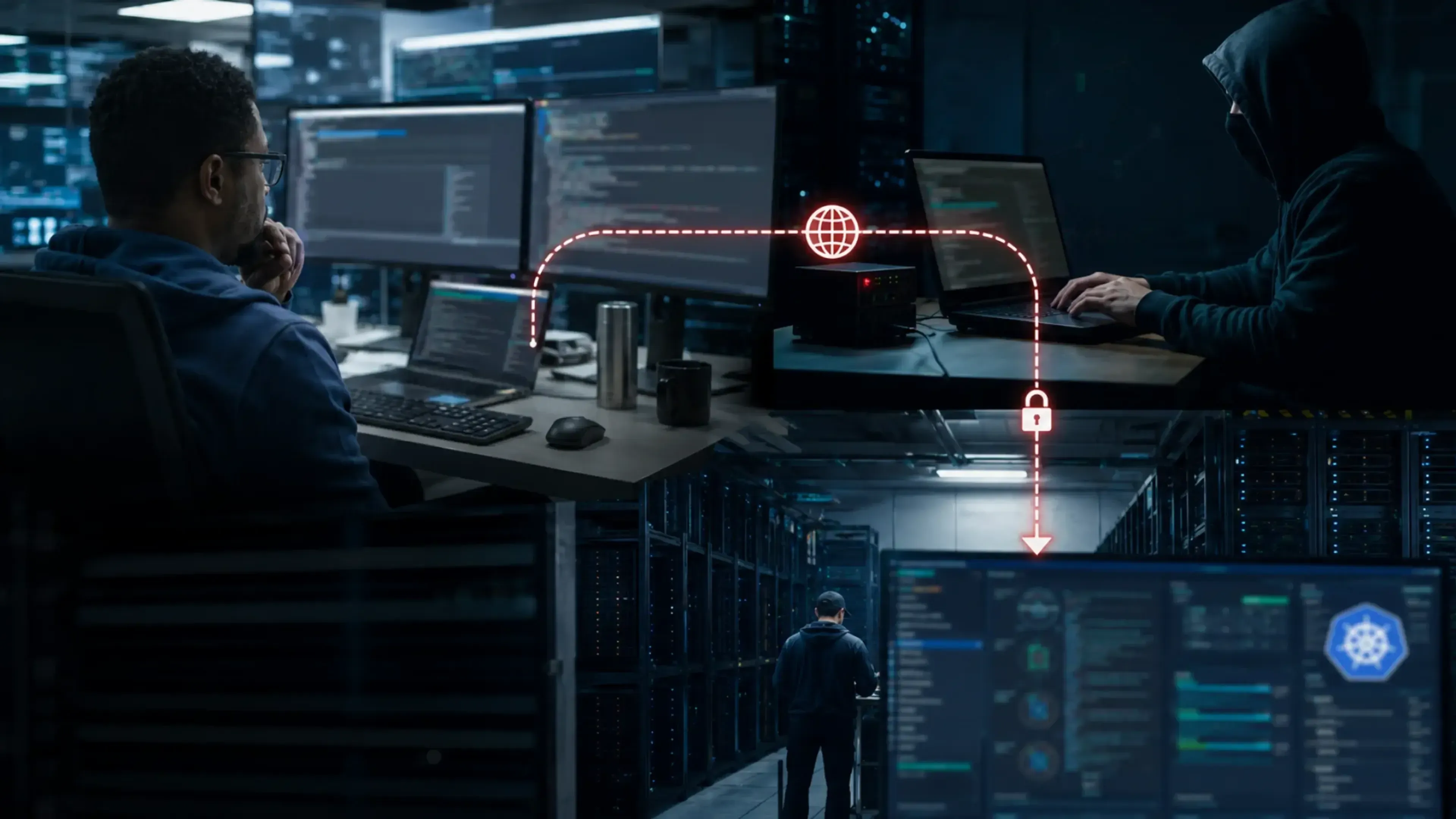 Operador revisa registros de Kubernetes mientras una conexión manipulada redirige credenciales hacia un equipo externo y luego accede a la infraestructura del clúster.
