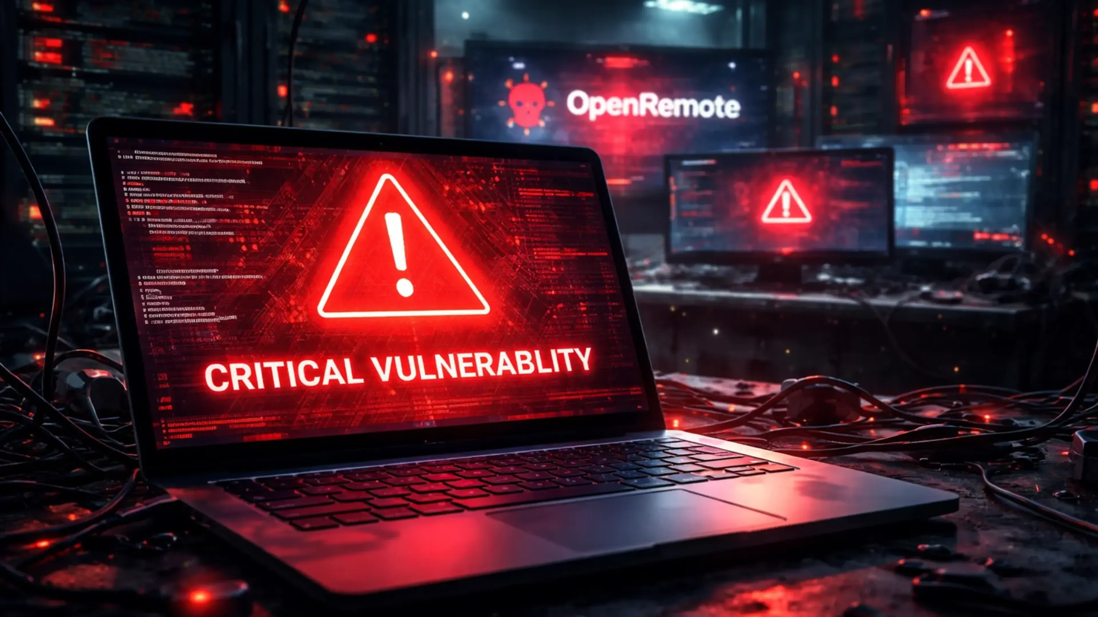 Laptop mostrando advertencia de vulnerabilidad crítica en rojo con código de fondo, rodeada de monitores y servidores en ambiente oscuro de centro de datos.