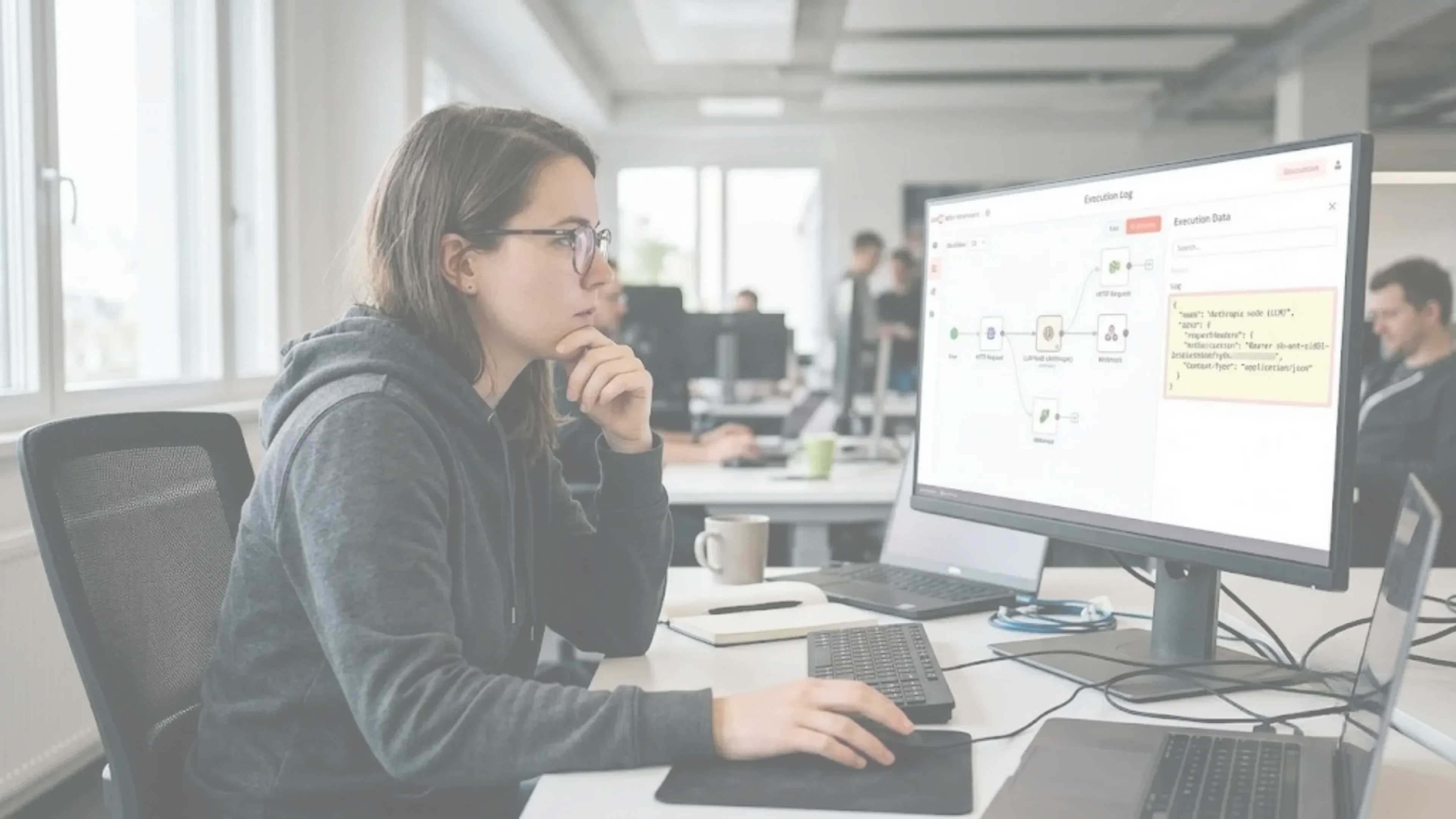 Mujer con gafas en oficina, mirando monitor. Pantalla muestra la interfaz de n8n y un log de 'Execution Data' que revela una clave API 'sk-...' expuesta en texto plano. Pose pensativa, fondo de oficina.