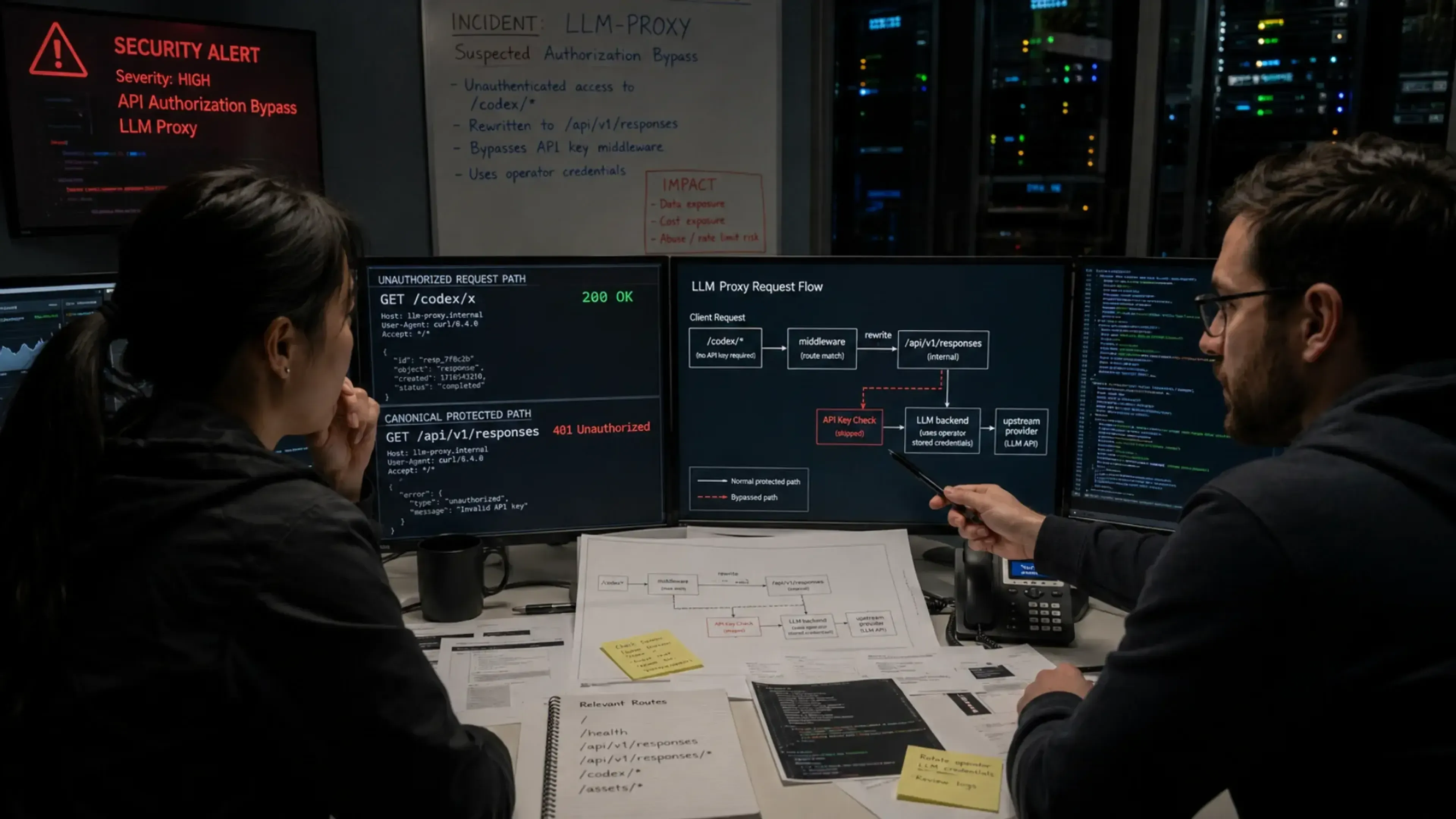 Investigadores analizan un fallo de autorización en un proxy LLM: la ruta /codex/* evita la verificación de API key y permite usar las credenciales del operador para realizar llamadas a proveedores externos.